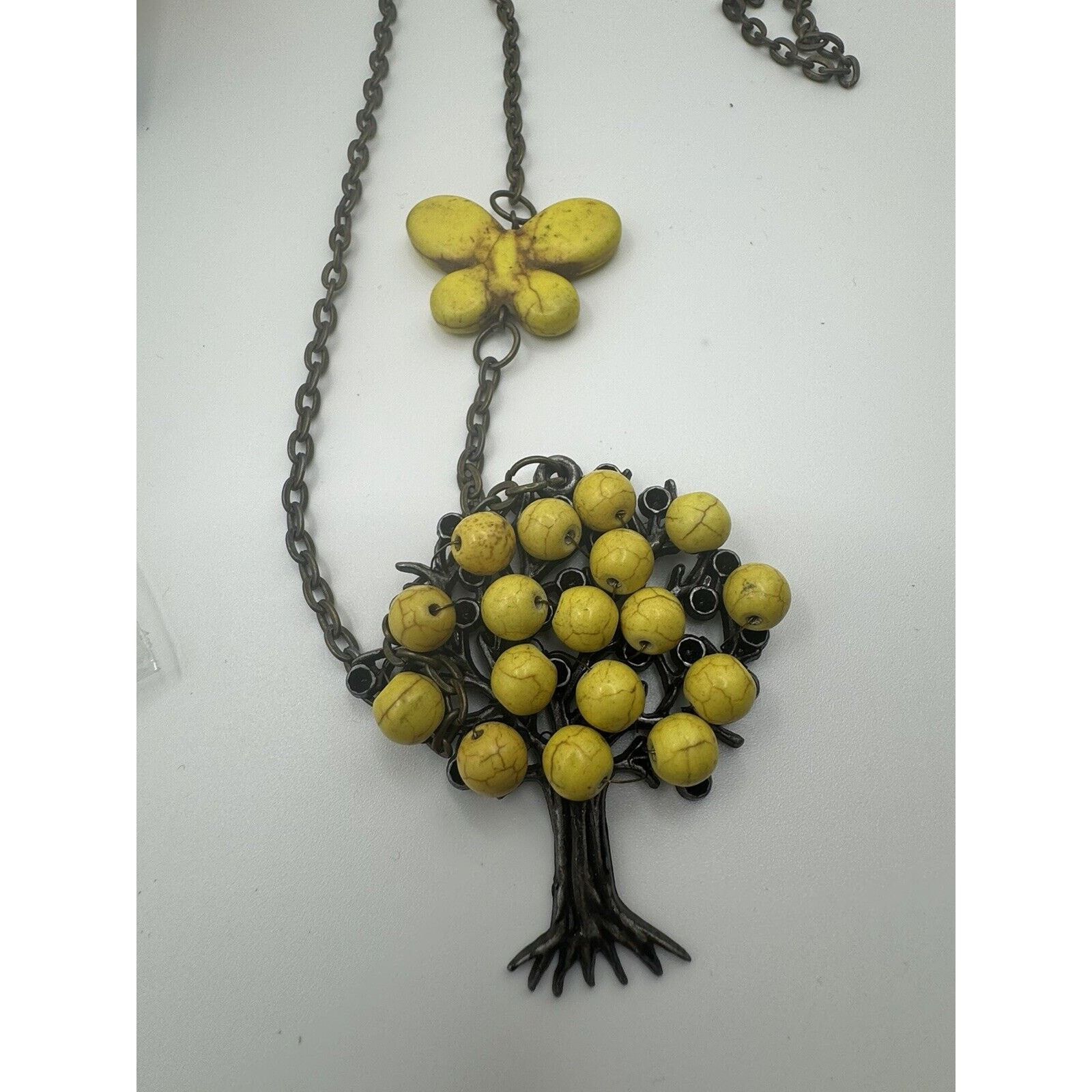 The Unbranded Brand Vintage Yellow Beaded Necklace Tree And Butterfly & Earrings Size ONE SIZE - 3 Thumbnail