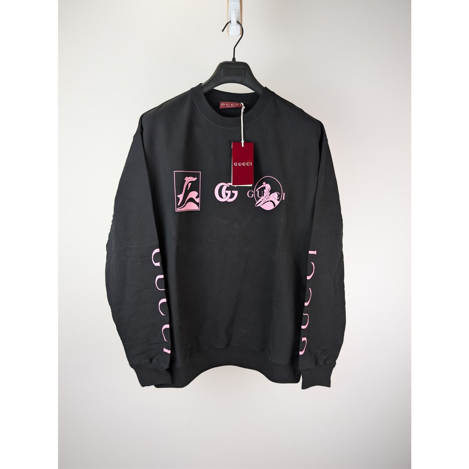 Gucci o1rshd1 Printed Logo Cotton Sweatshirt in Black / Light Pink Size US L / EU 52-54 / 3 - 2 Thumbnail