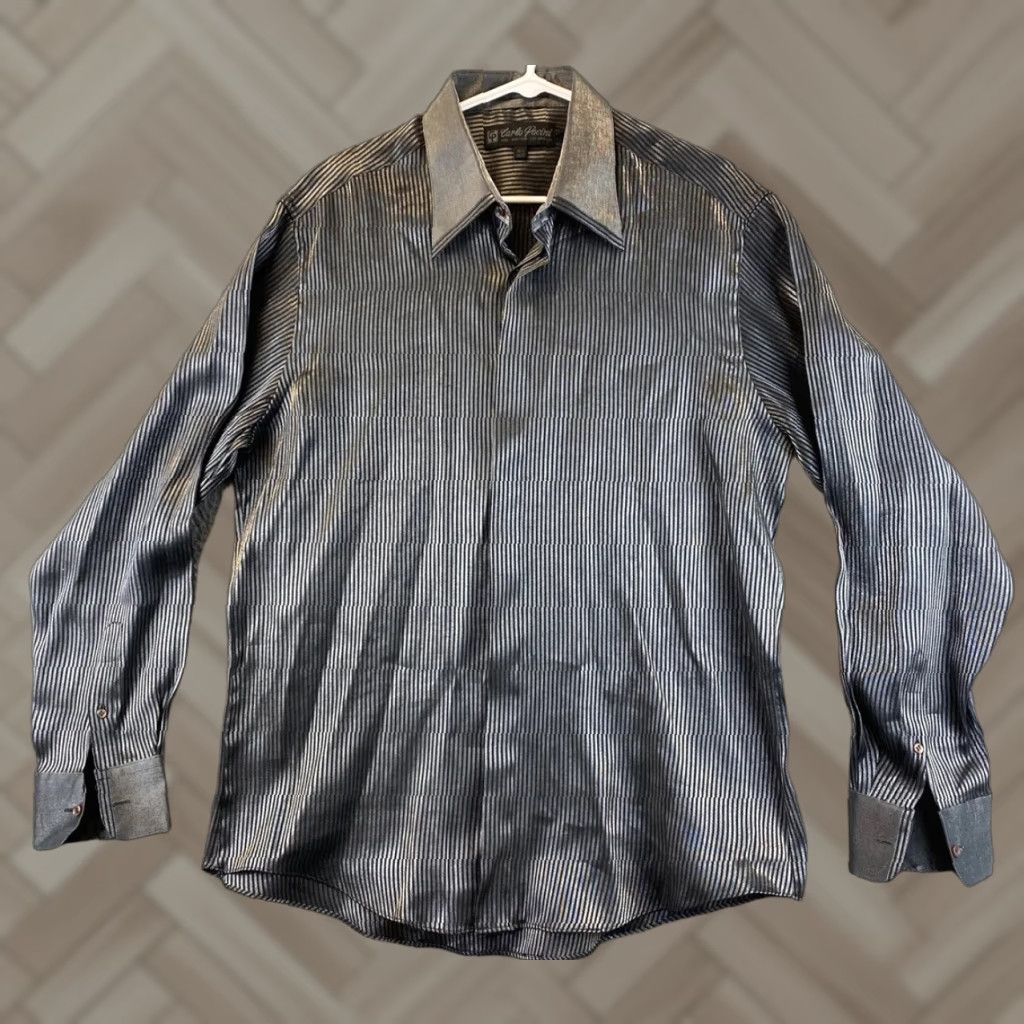Vintage VINTAGE Carlo Pacini Shirt Mens 16.5 34/35 Metallic Silver Pleat Cuff French Cuff Spread 88-23 Size US L / EU 52-54 / 3 - 1 Thumbnail
