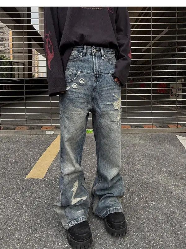 Jean Kotomi x Rena Button Accent Distressed Splicing Flared Jeans Size US 33 - 6 Thumbnail