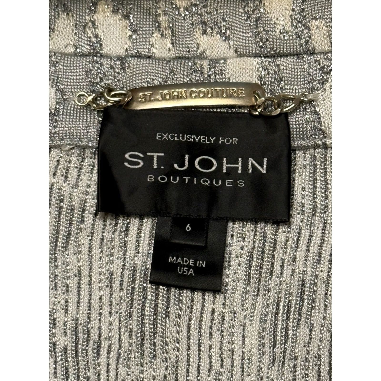 St. John VINTAGE St. John Women’s Evening Jacket Knit Animal Print Long 6 Silver 3/4 Sleeve One-Button Formal/Cocktail Relaxed Regular Girls/Womens Size M / US 6-8 / IT 42-44 - 7 Thumbnail