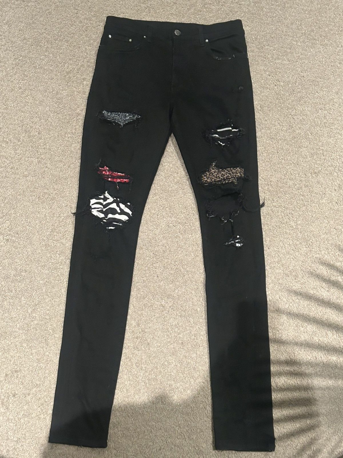Amiri animal patch cheetah zebra print bandana skinny jeans