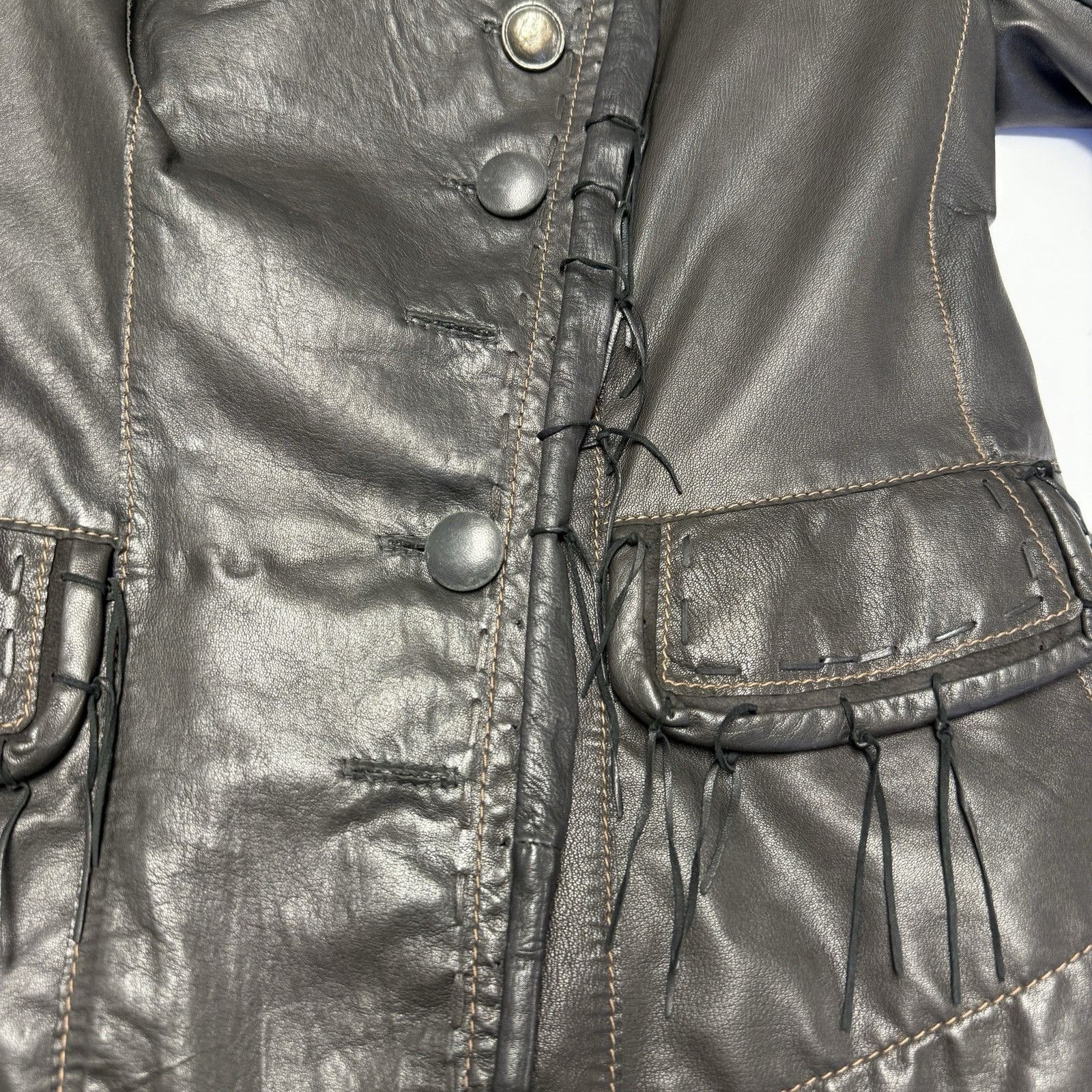 Vintage Burns 1876 Womens Leather Jacket Black Fringe Western Biker Size M / US 6-8 / IT 42-44 - 4 Thumbnail