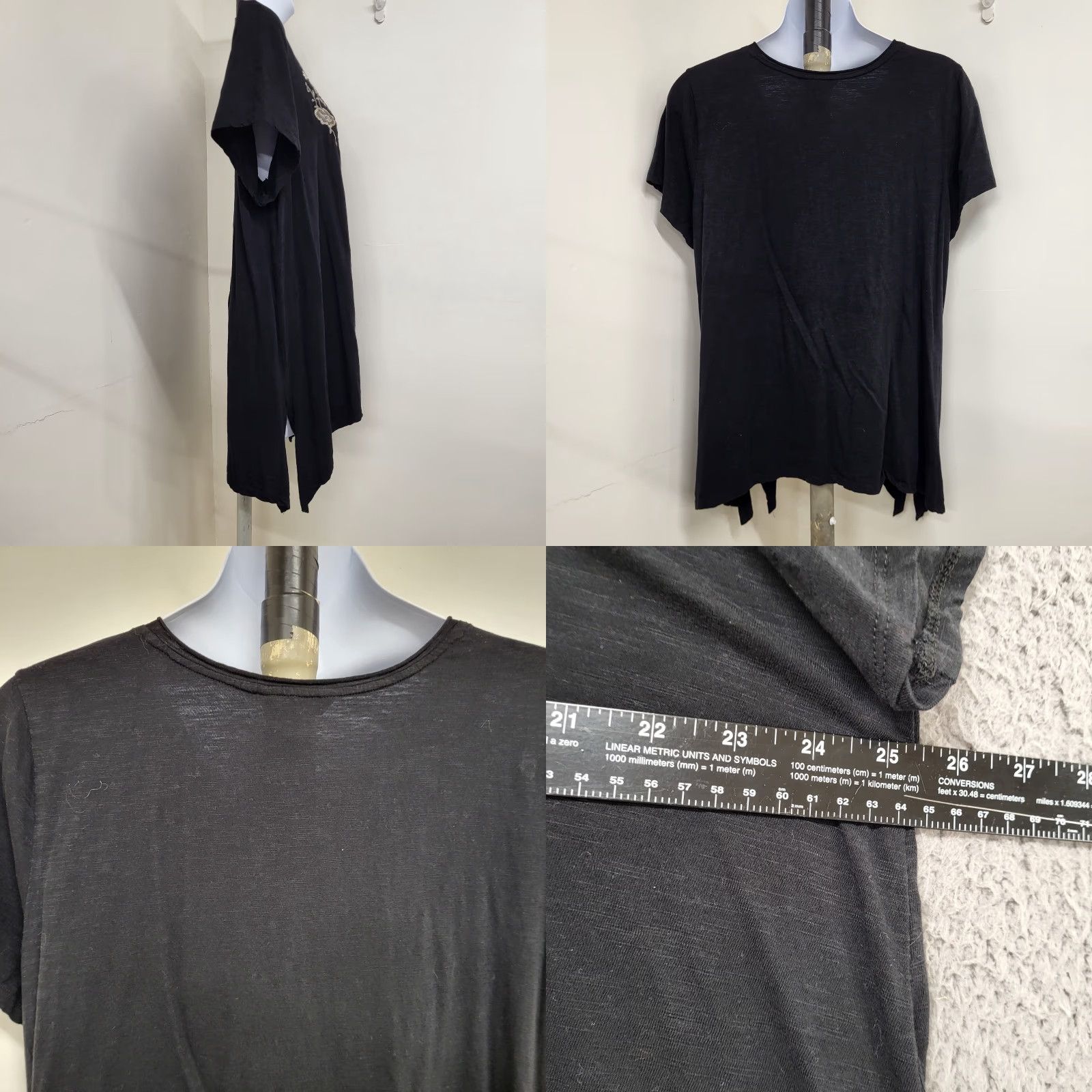 Vintage Terre Bleue Blouse Women's XXL Black Floral Embroidered Top Asymmetrical Tunic Cap Sleeve Jersey Cotton Vintage? No — Not Vintage. Size XXL / US 16-18 / IT 52-54 - 8 Thumbnail
