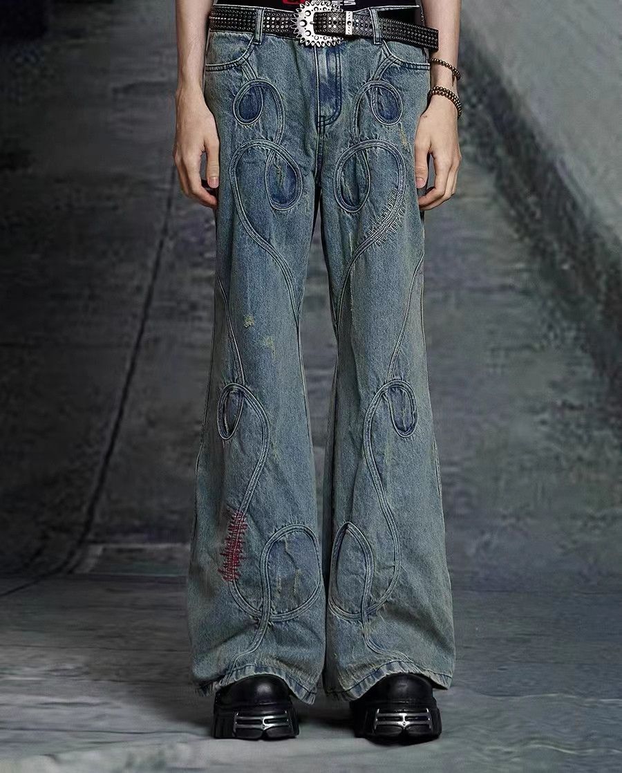 image of Vintage Embroidered Washed Distressed Wide-Leg Jeans, Men's (Size 32)