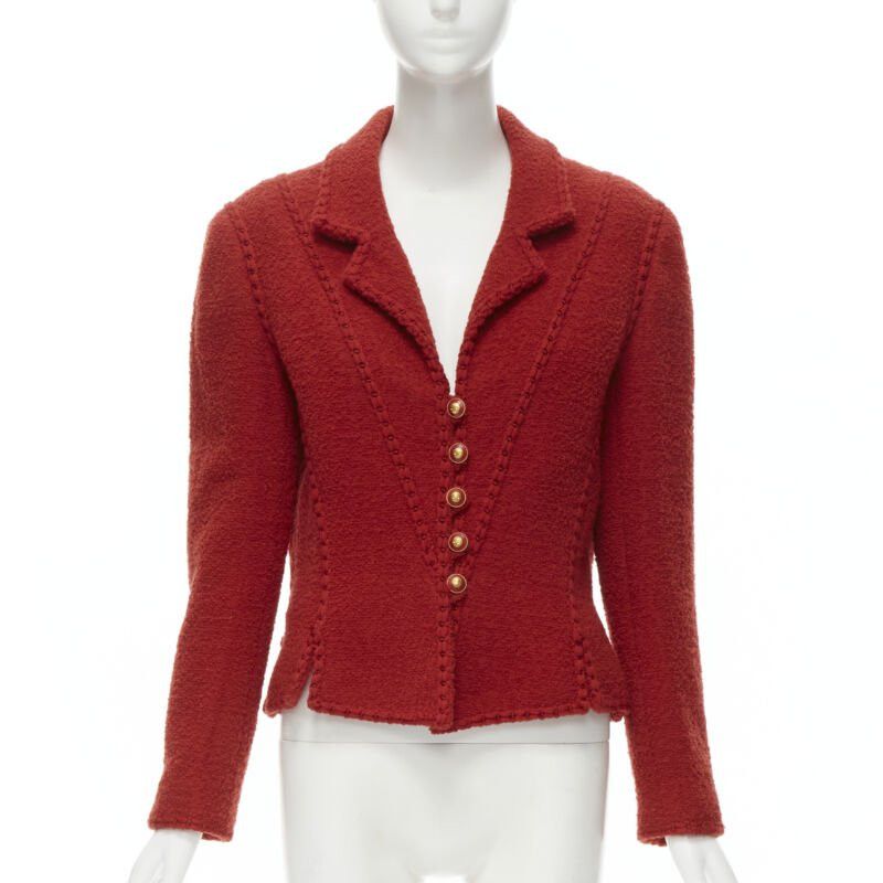 CHANEL Vintage 93A red boucle tweed boned corset structured braided jacket FR44