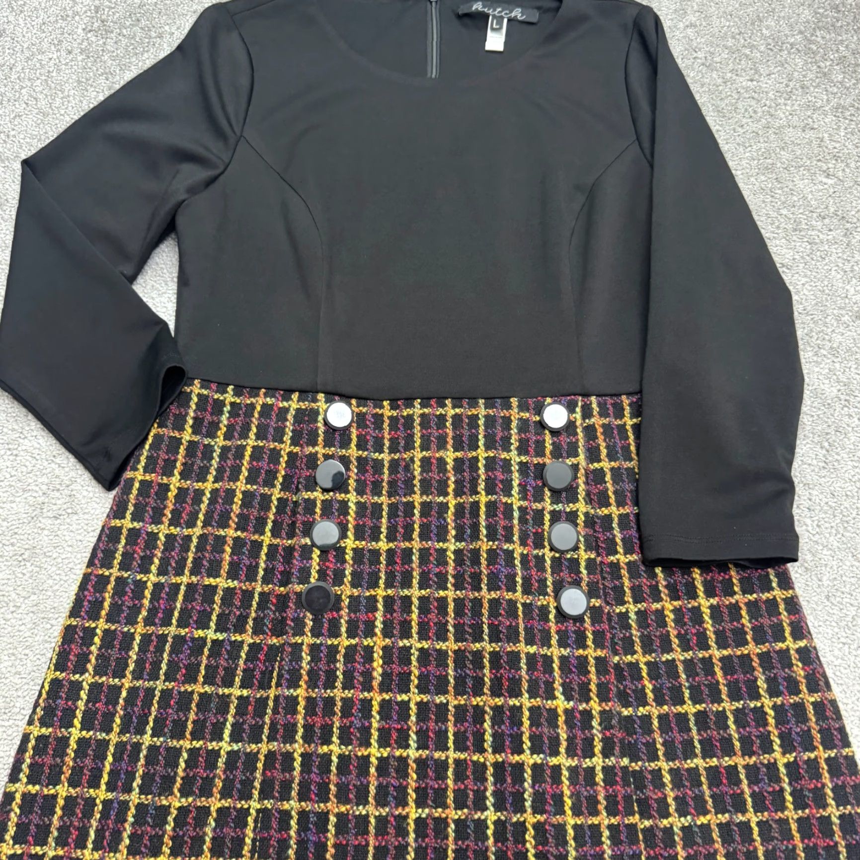 Vintage Hutch A-Line Dress Womens L Black Brown Plaid Tweed Long Sleeve Knee Length Size L / US 10 / IT 46 - 3 Thumbnail