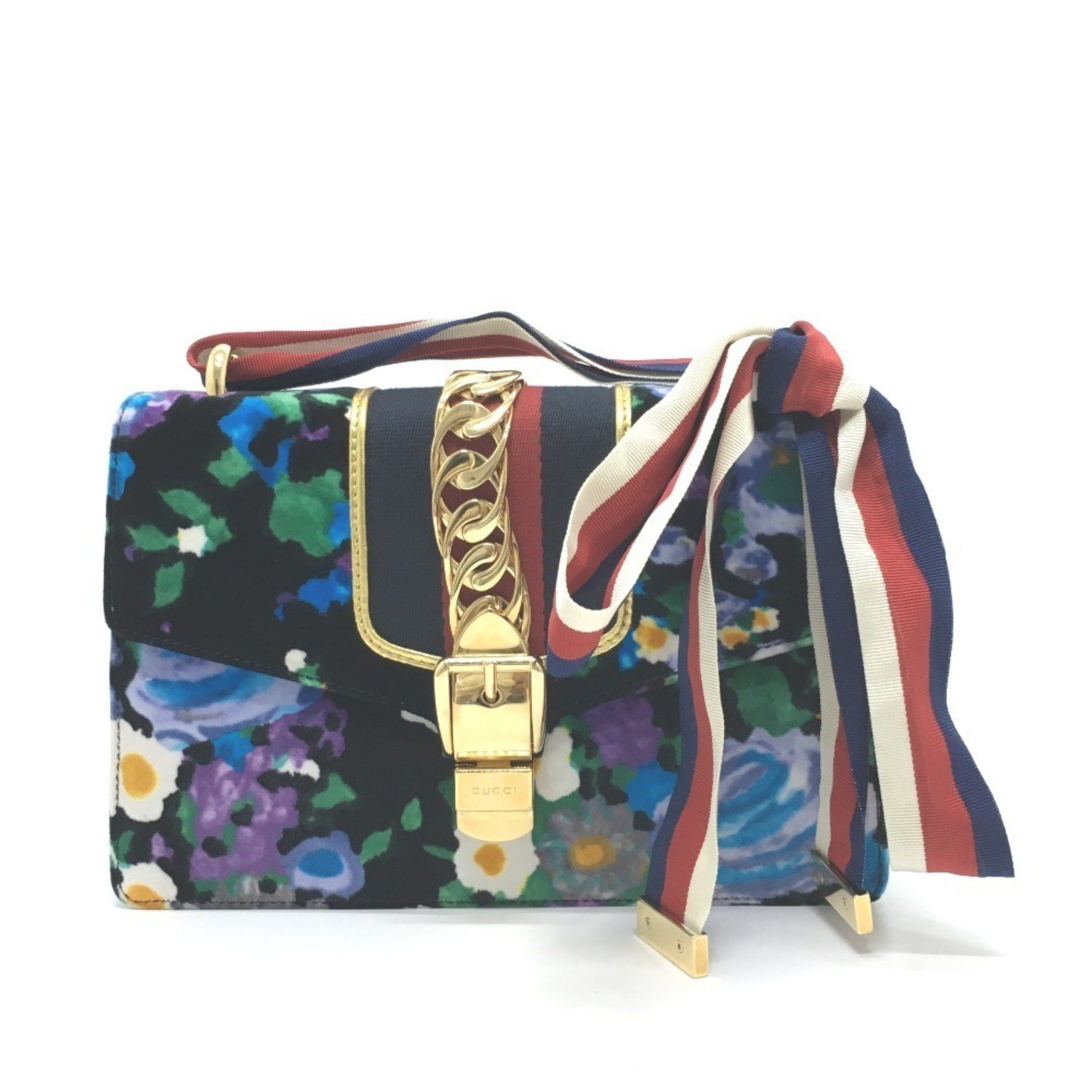GUCCI 421882 Floral Sylvie Small Ribbon Shoulder Bag in Velour/Leather Multicolor