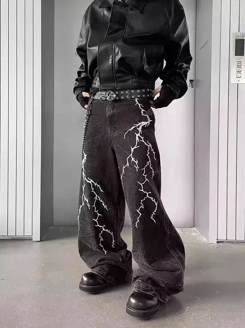 VIBE High Street Lightning Embroidered Y2K Hip Hop Baggy Jeans Size US 34 / EU 50 - 1 Thumbnail