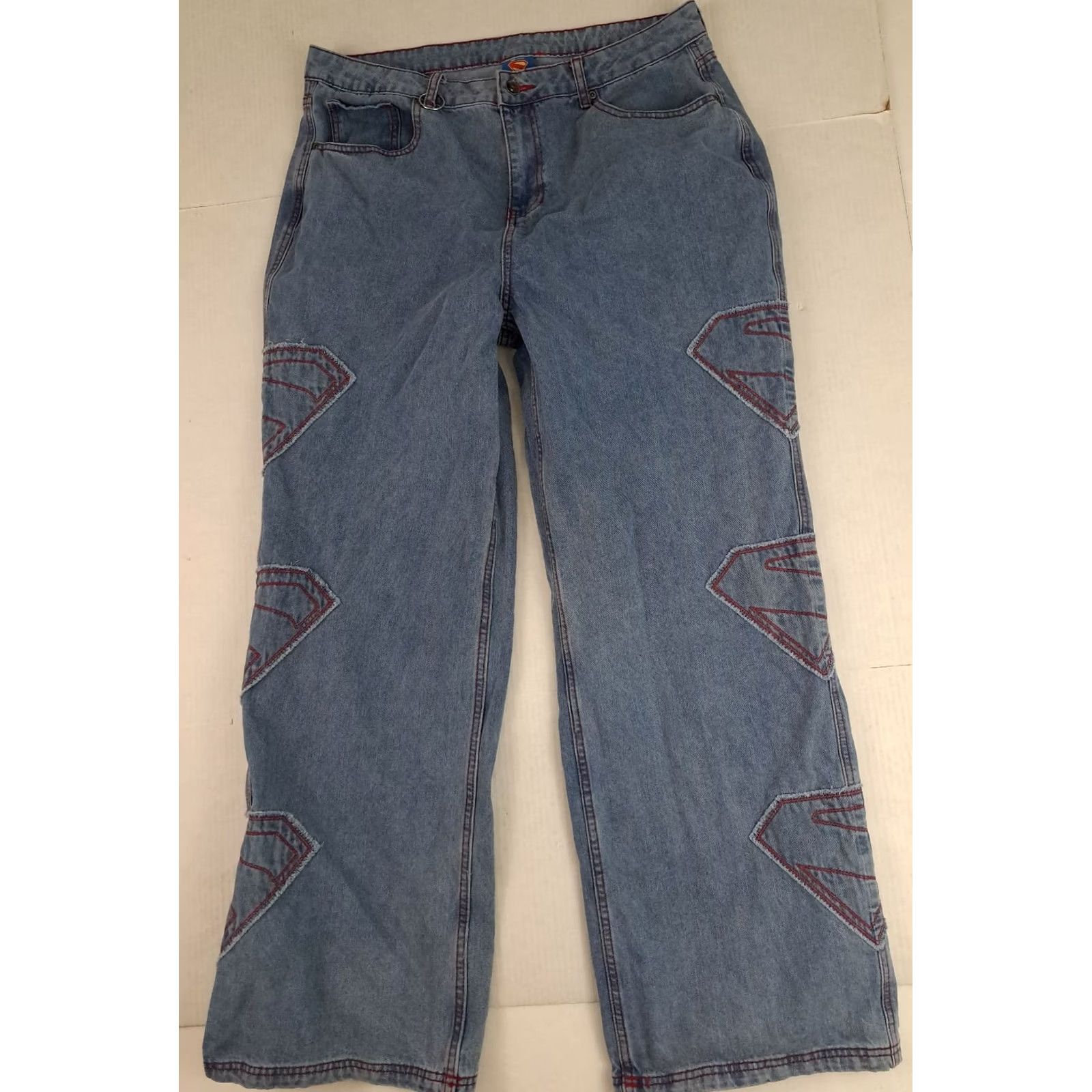 DC Comics VINTAGE DC Comics Superman Jeans Woman 17 Wide-Leg Denim Blue Cotton Embroidered 5-Pocket 32in Inseam Womens Size 38" / US 16 / IT 52 - 2 Thumbnail
