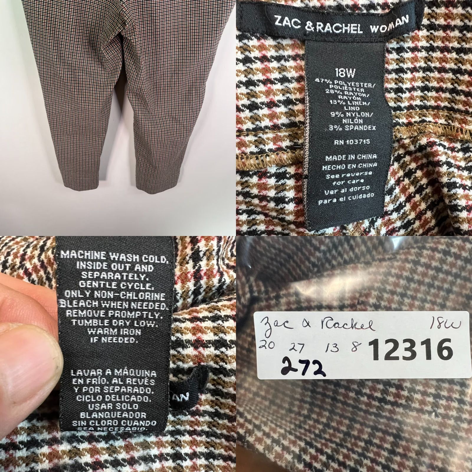 Vintage Zac & Rachel Hounds Tooth Poly Linen Blend Pants Womens 18W 40X27 Vintage High Rise Flat Front Tapered Leg Dress Pants Brown 80s Check Size 40" / US 18 - 8 Thumbnail