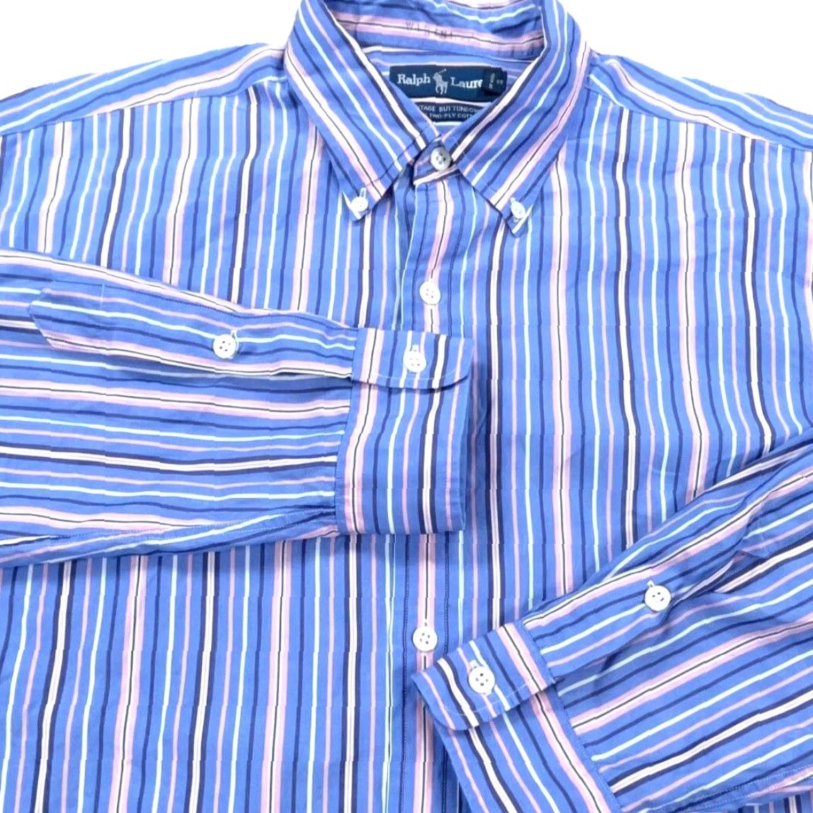 Ralph Lauren Ralph Lauren Shirt Men Large Blue Pink Button Up Striped Two Ply Poplin Dress A5 - Casual Everyday Wear Size 42R - 2 Thumbnail