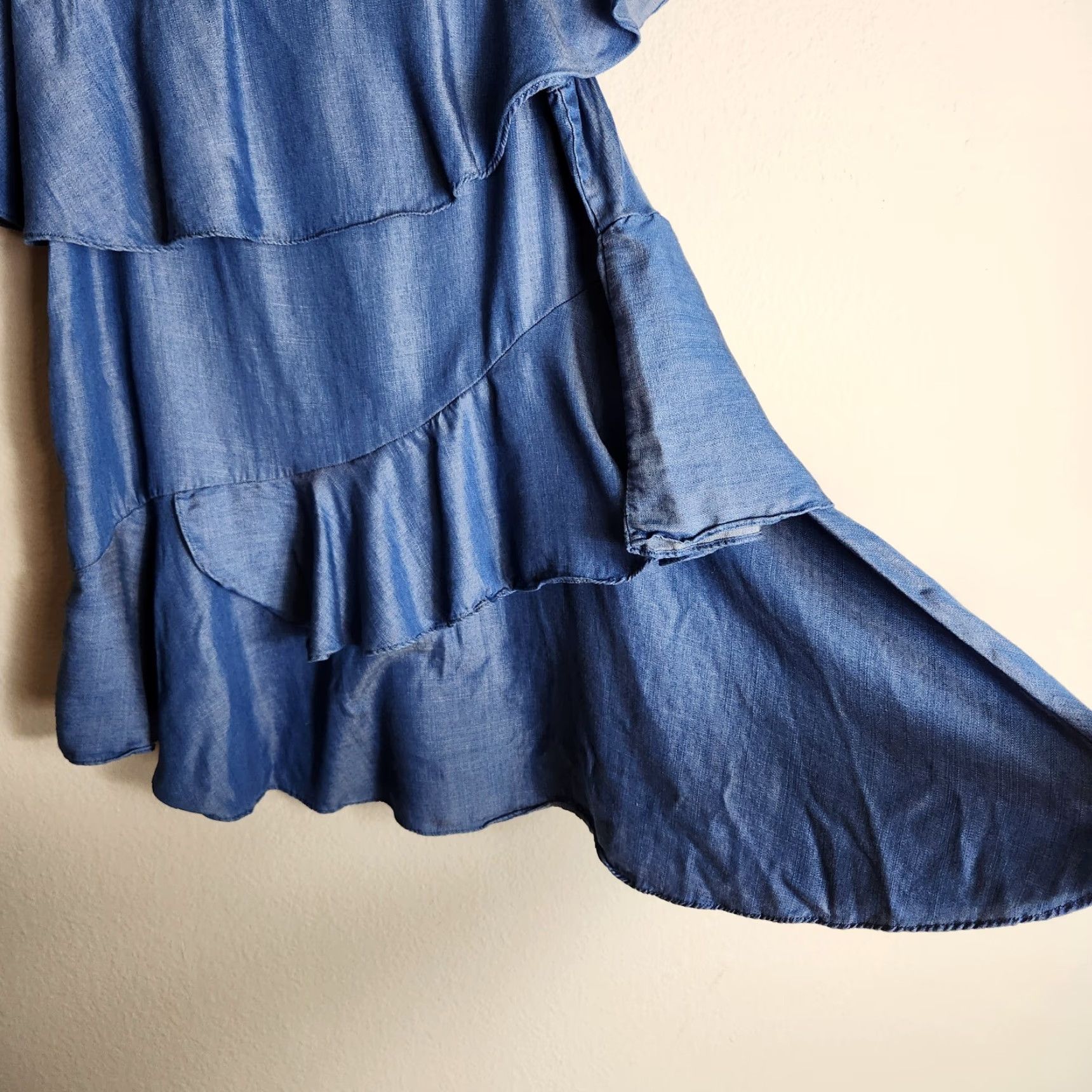 Vintage Easel Mini Dress Women Blue Chambray Off Shoulder Layered Short Sleeve Size S Size S / US 4 / IT 40 - 2 Thumbnail