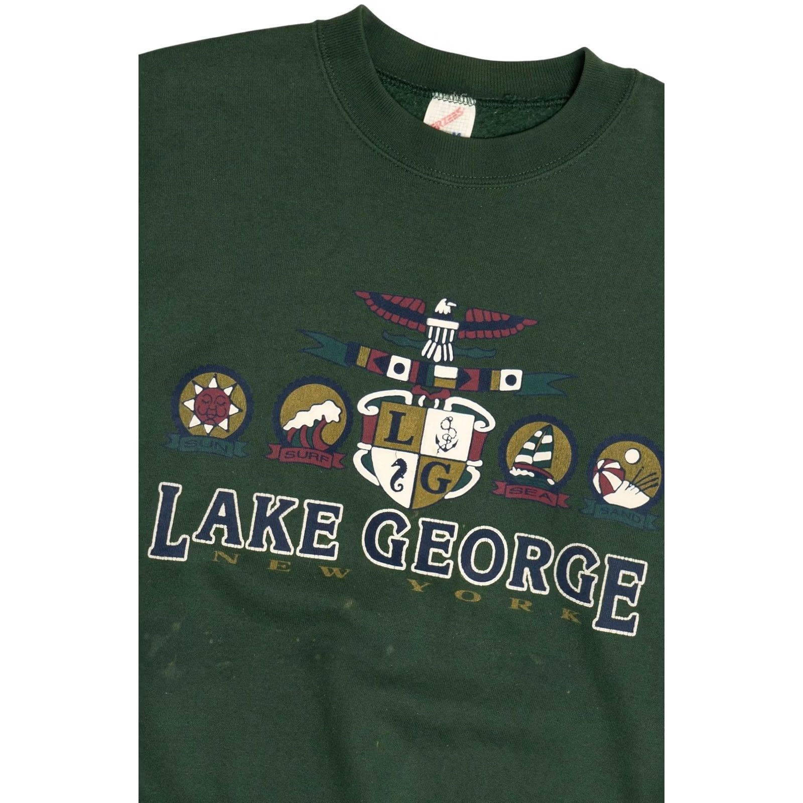 Jerzees Vintage Jerzees Lake George New York Destination Sweatshirt Green 1990s Medium Long Sleeve Cotton / Polyester Distressed Mens Size US M / EU 48-50 / 2 - 2 Thumbnail