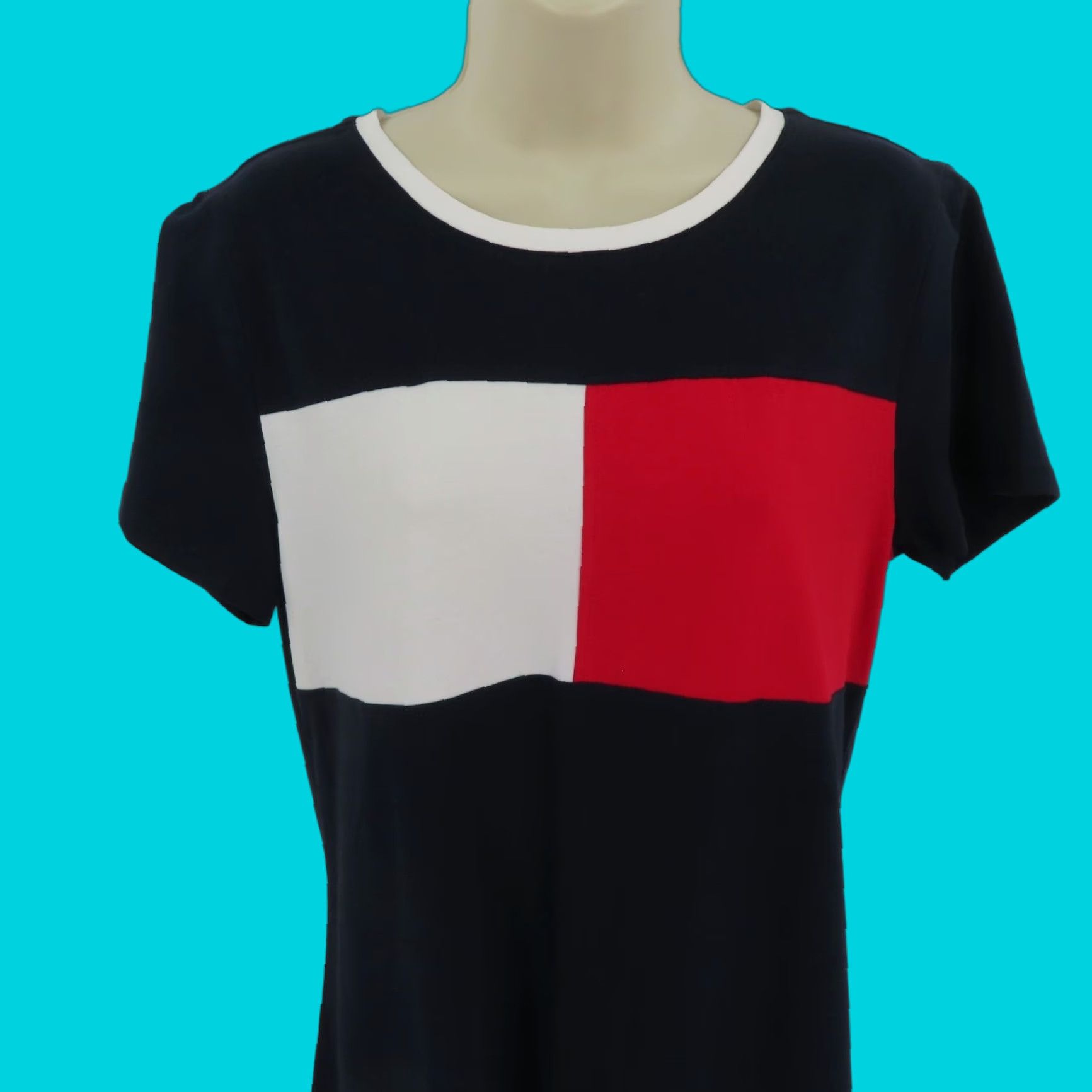 Tommy Hilfiger Tommy Hilfiger Dress Women Medium Short Sleeve Cotton Blend Solid Knee Length Blue White Red Shirt Dress T-Shirt Dress Vintage? No Size 32" / US 10 / IT 46 - 1 Thumbnail