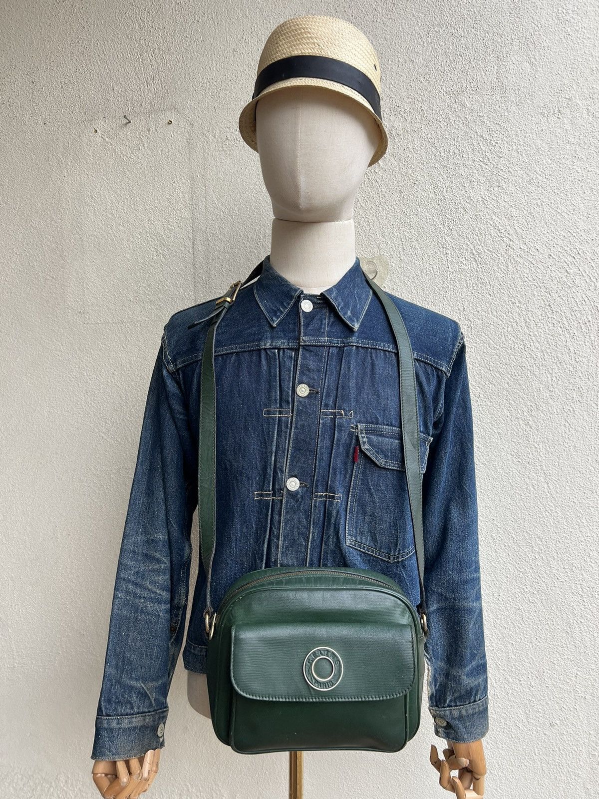 Celine × Leather Vintage CELINE Distress Patina Green Leather Bag riri Zipper Size ONE SIZE - 3 Thumbnail