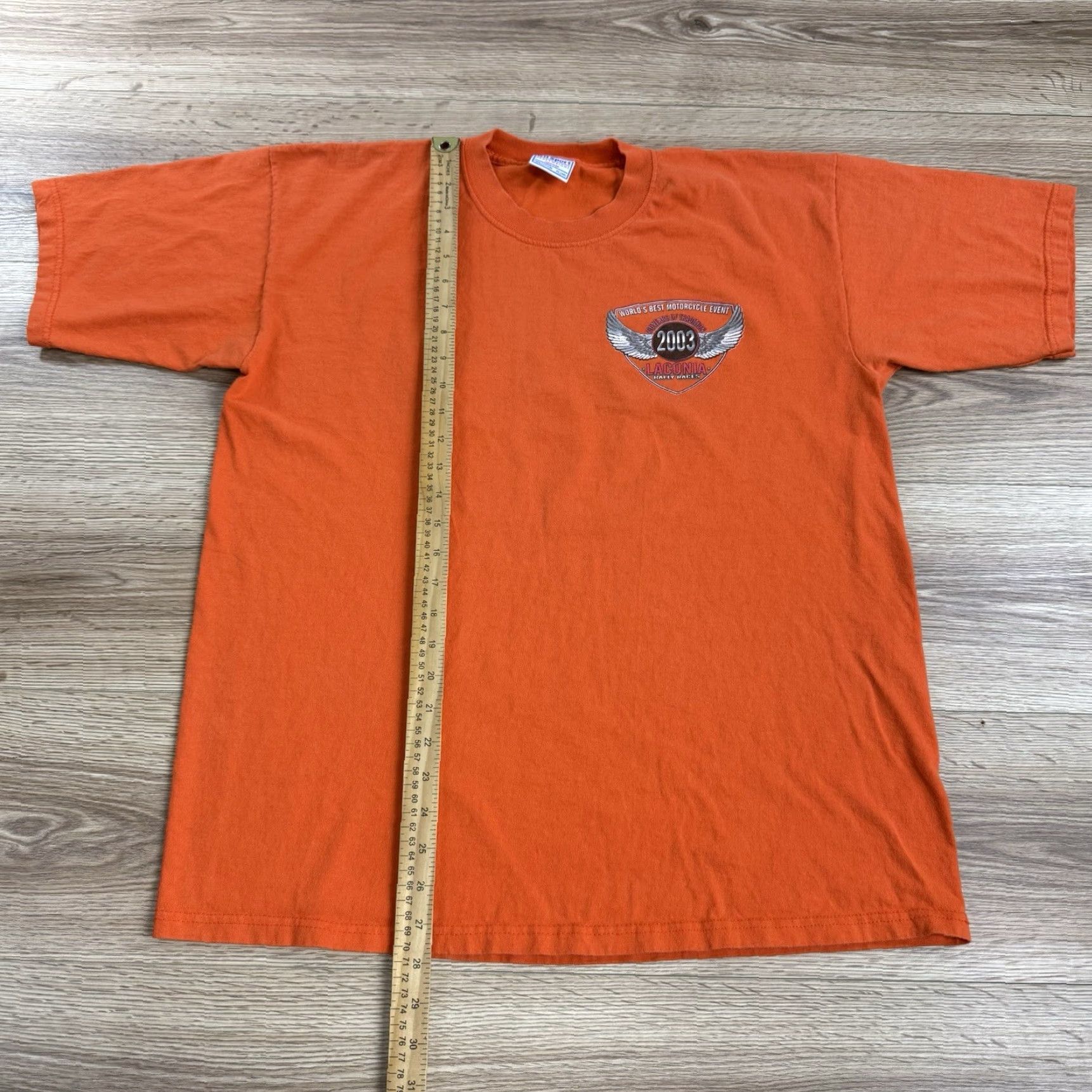 Vintage VINTAGE All Sport T-Shirt 90s Laconia Motorcycle Week Mens XL Orange Short Sleeve Crew Neck 1990s 1999 Flaming Skeleton Bike Rider Size US XL / EU 56 / 4 - 4 Thumbnail