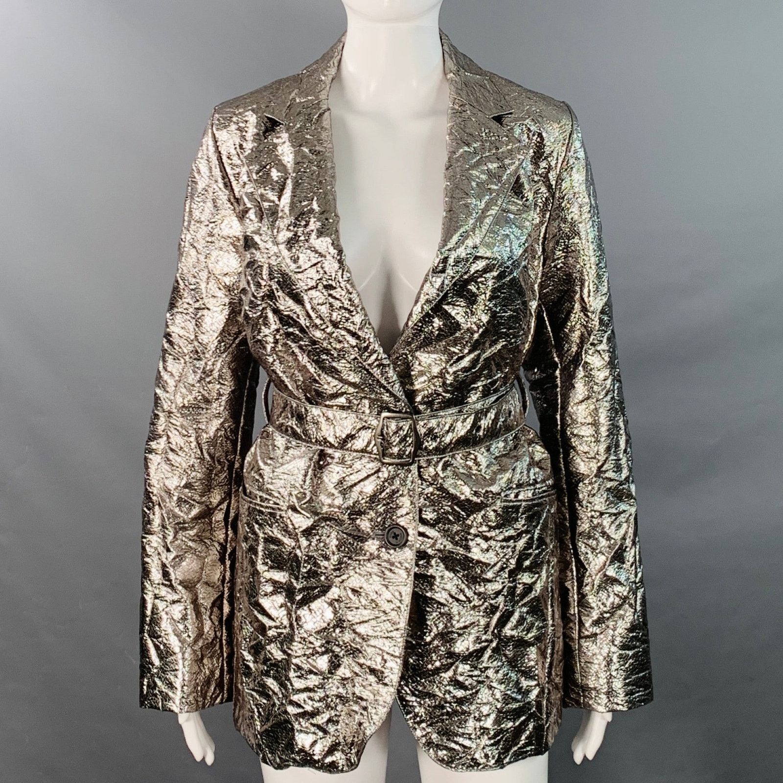Sies Marjan Metallic Silver Polyester Blend Notch Lapel Belted Jacket Size M / US 6-8 / IT 42-44 - 1 Thumbnail