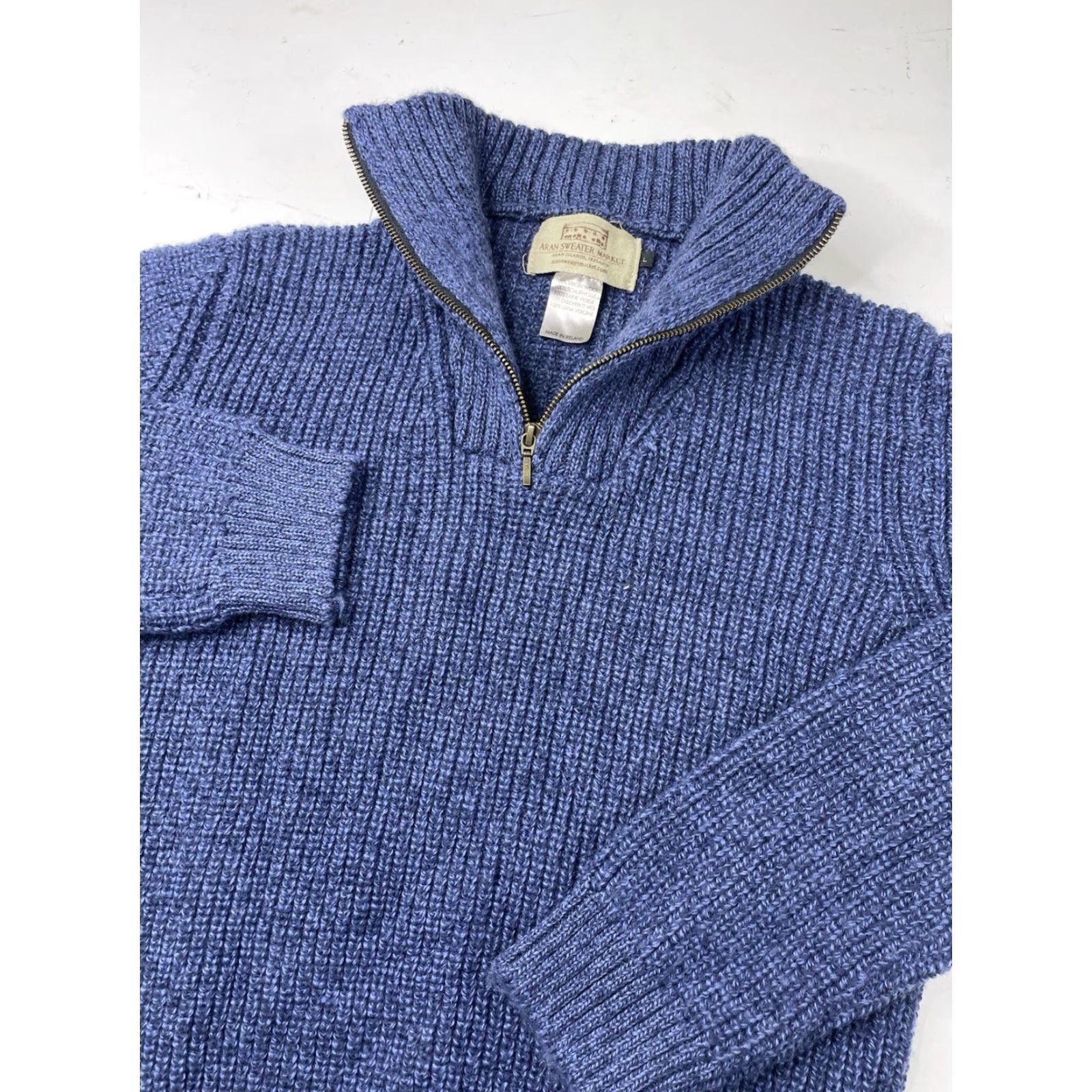 Market Aran Sweater Market Womens Large Virgin Wool Blue 1/4 Zip Knit Pullover Ireland Gyro? No rips or stains Size L / US 10 / IT 46 - 3 Thumbnail
