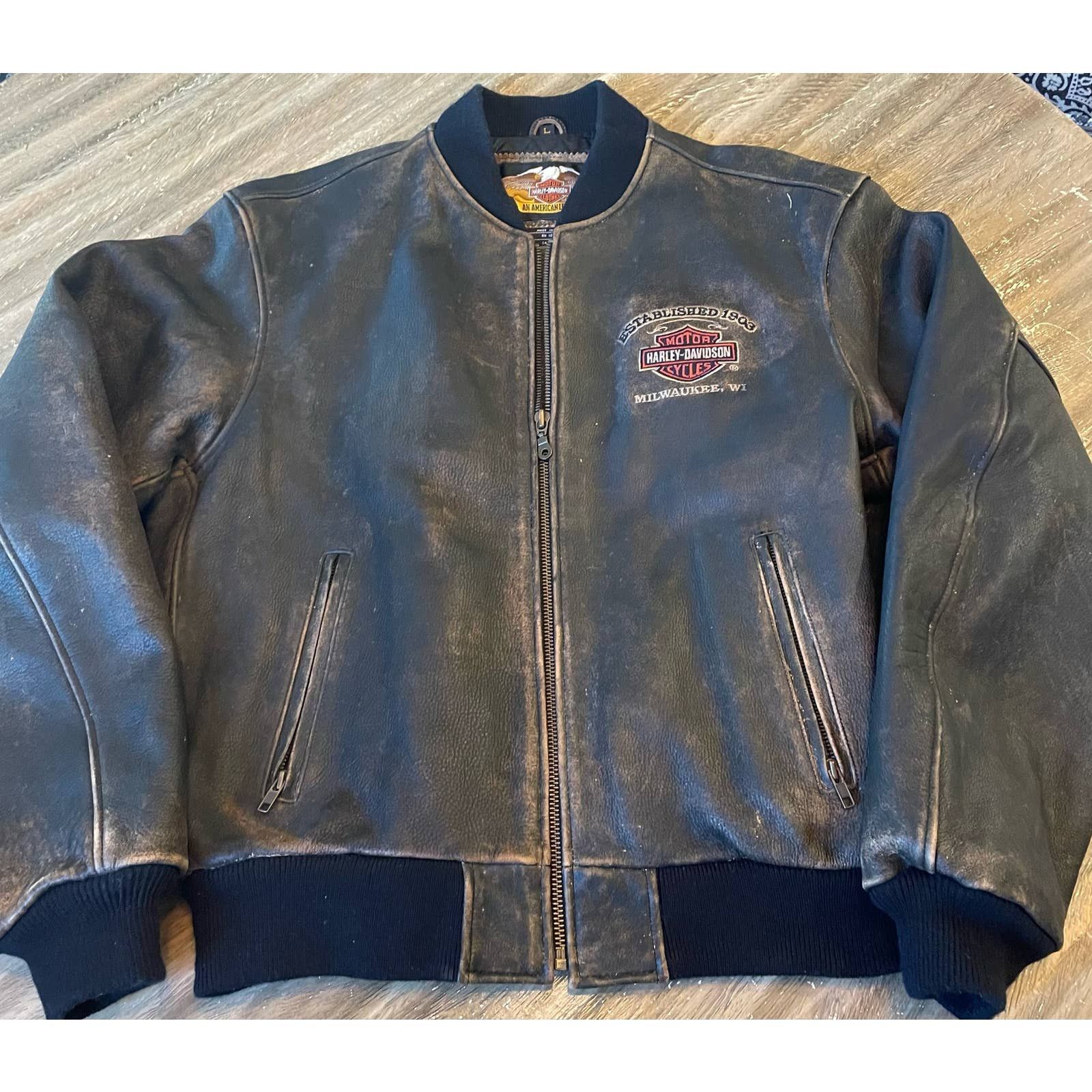 image of Authentic Harley Davidson Milwaukee Wi Leather Jacket in Brown, Men's (Size Large)