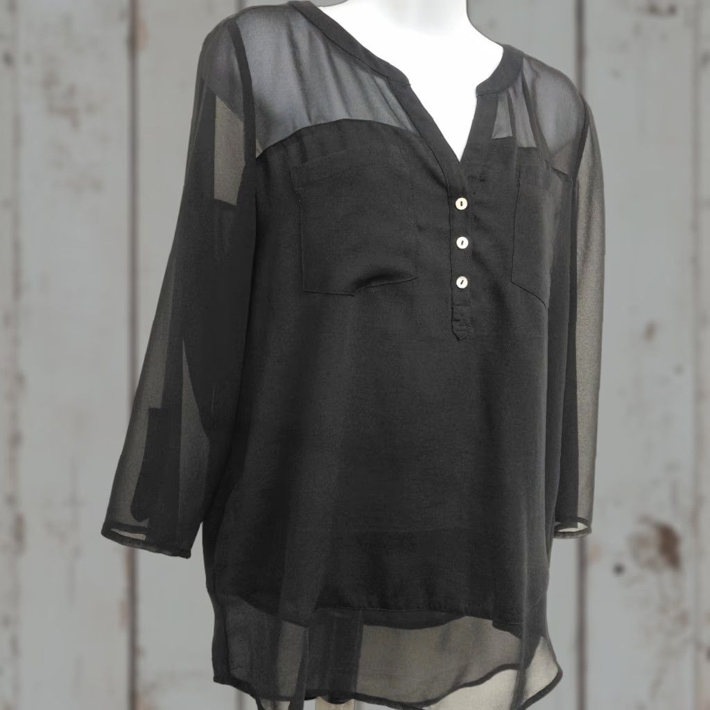 Express Express Blouse Top Womens Medium Black Sheer Chiffon Front Pockets 100 Poly Blouse Size M / US 6-8 / IT 42-44 - 1 Thumbnail