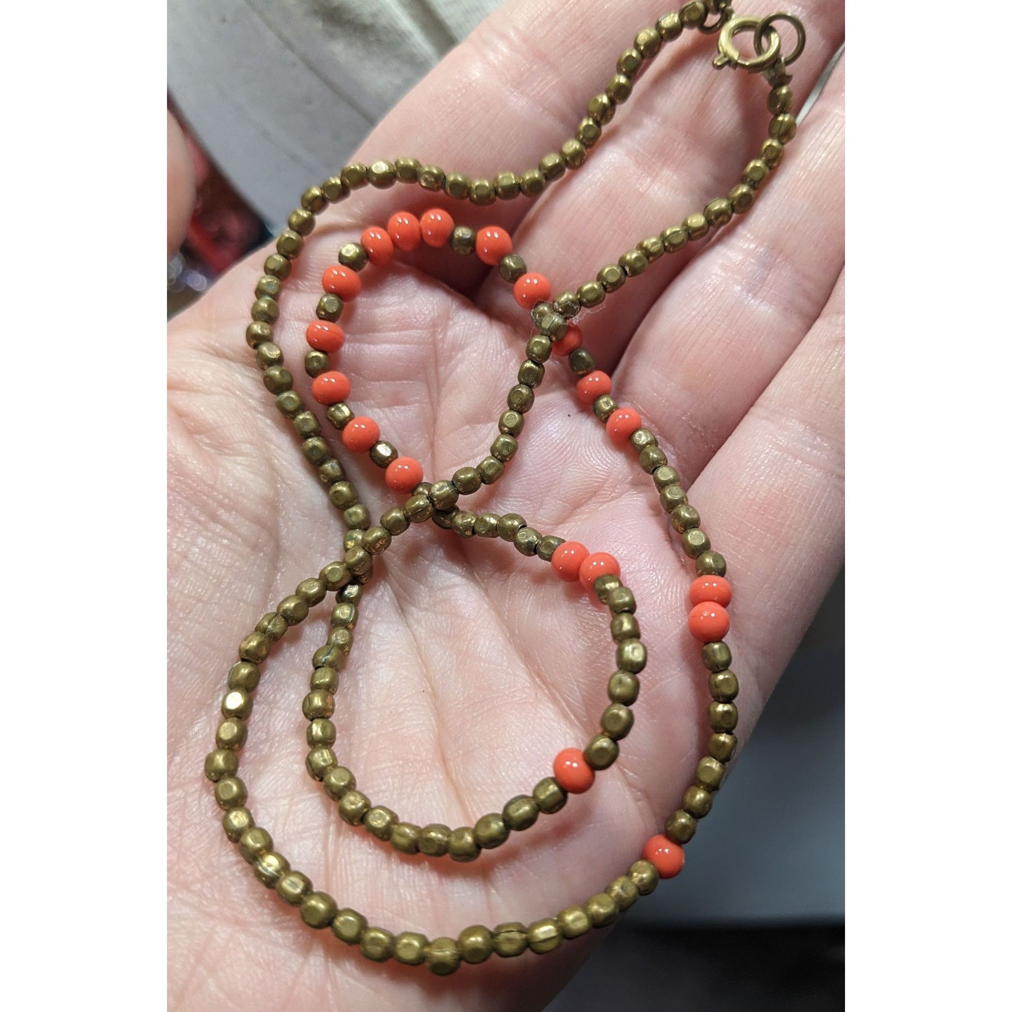 Other Vintage Brass And Coral Glass Beaded Necklace With Spring Cl Size ONE SIZE - 3 Thumbnail