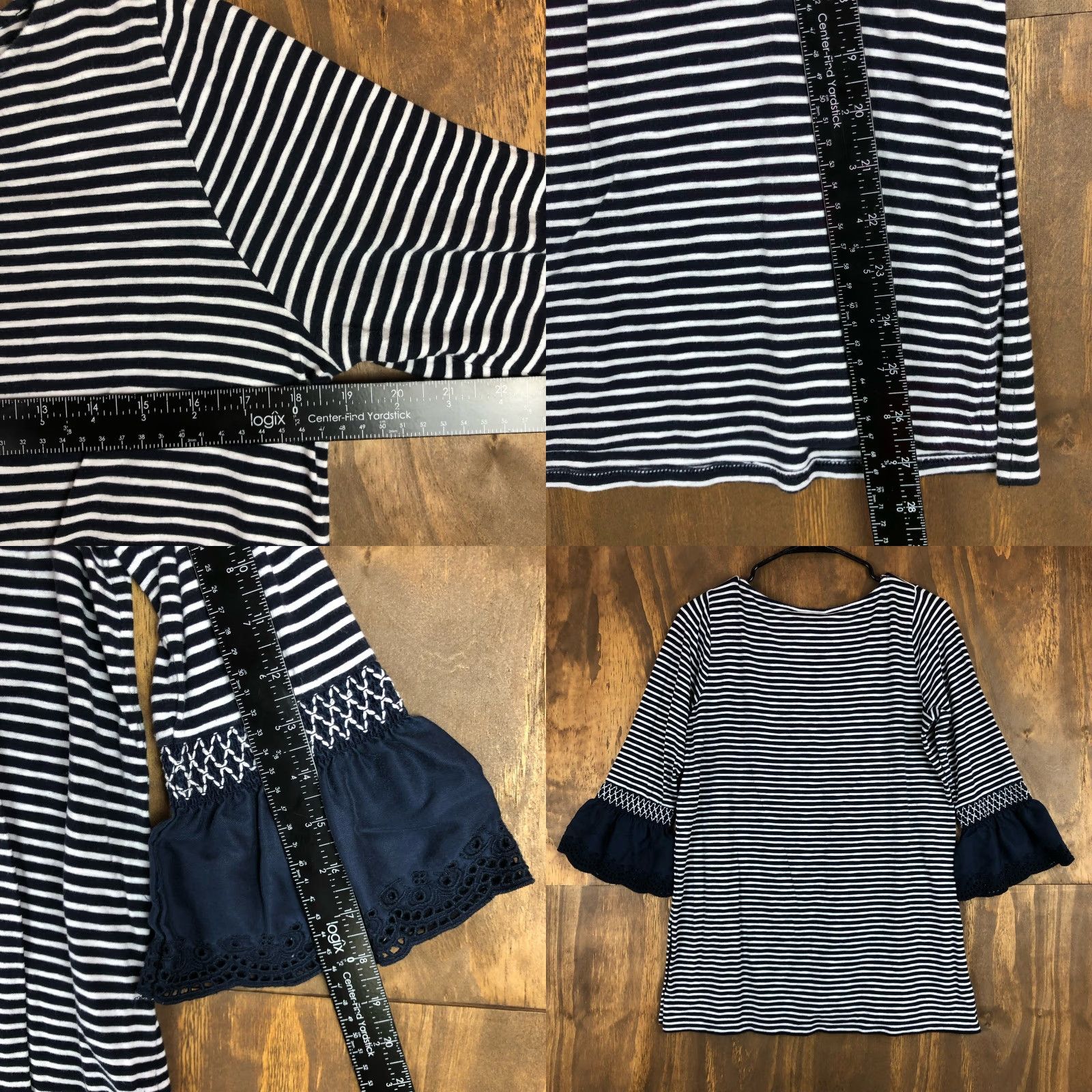 J. Jill J. Jill Blouse Striped Navy White 3/4 Sleeve Petite S Stretch Crew Neck Flared Sleeve Shirt Women Urban Casual Workwear Size S / US 4 / IT 40 - 8 Thumbnail