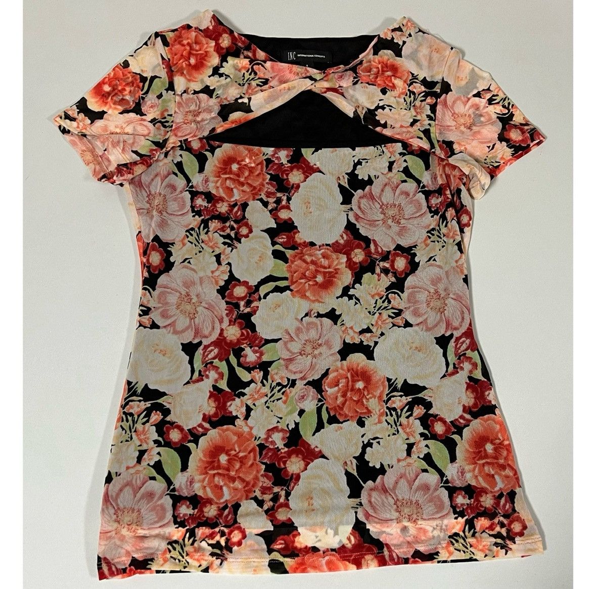 I.N.C INC Black Orange Floral Twist Shirt Top Blouse Tee Size S 🖤✨ Size S / US 4 / IT 40 - 2 Thumbnail