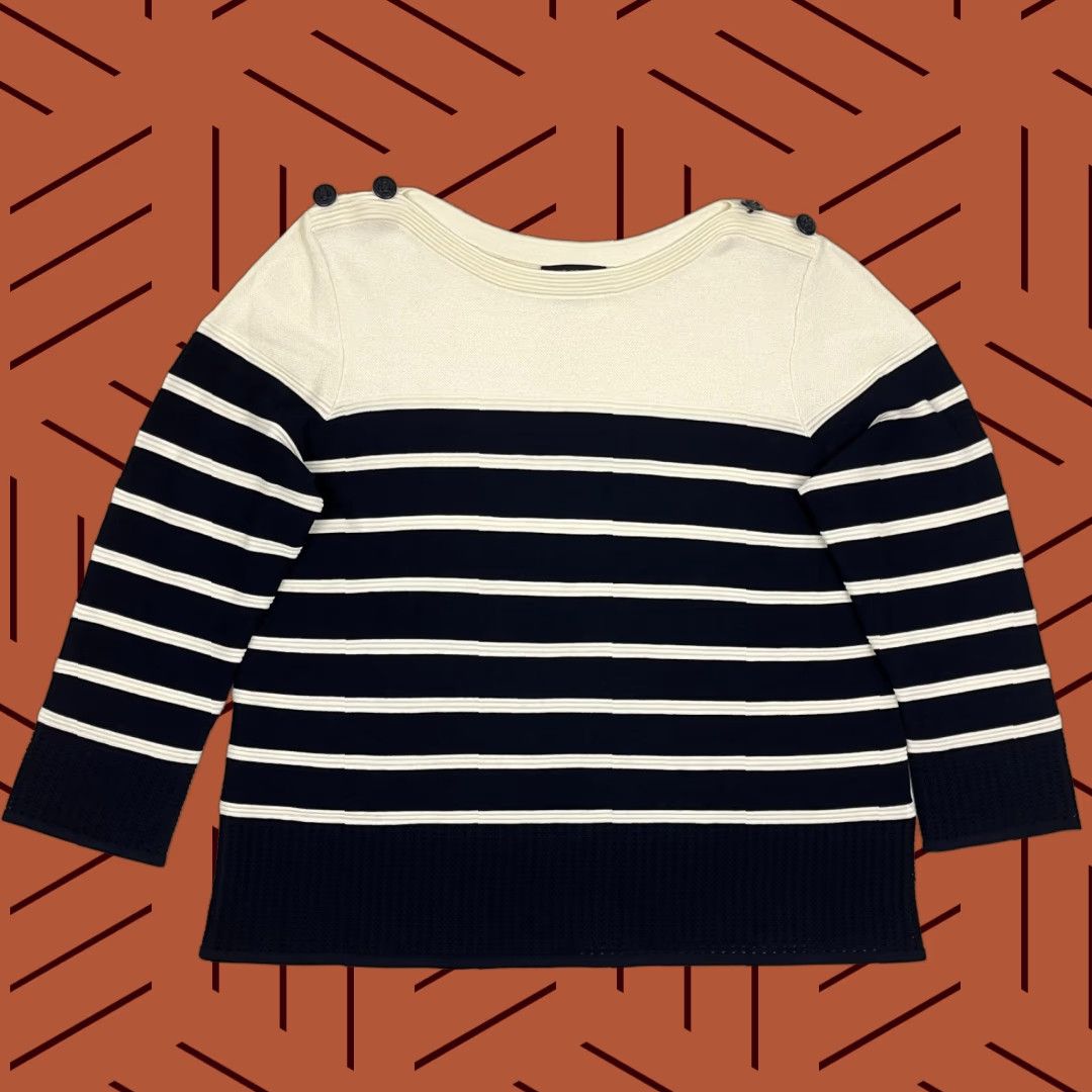 Vintage VINTAGE ST JOHN Sweater Womens L Cream Blue Striped Coastal Nautical Knit Pullover Prep Size L / US 10 / IT 46 - 1 Thumbnail