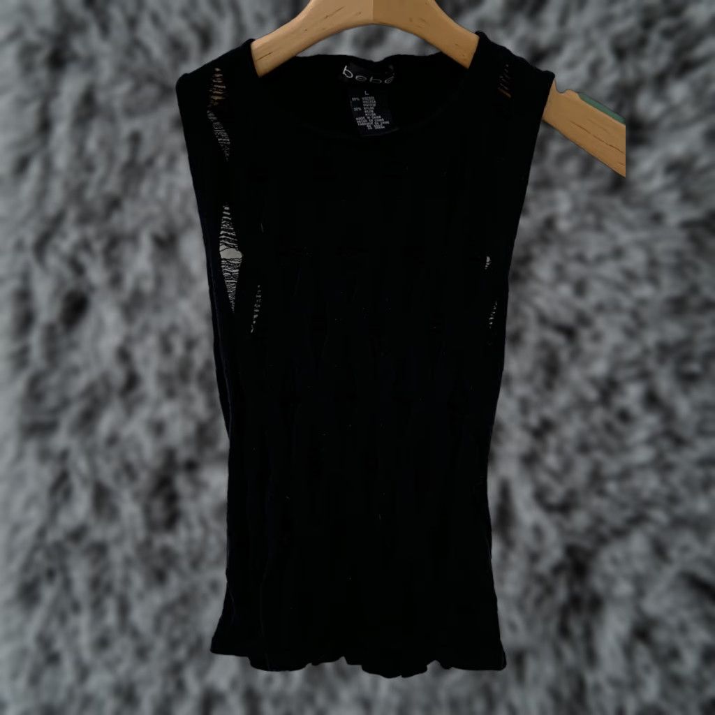 Bebe VINTAGE bebe Sweater Tank Top Cropped Black Destroyed Sz L Stretch 90’s Womens Size L / US 10 / IT 46 - 1 Thumbnail