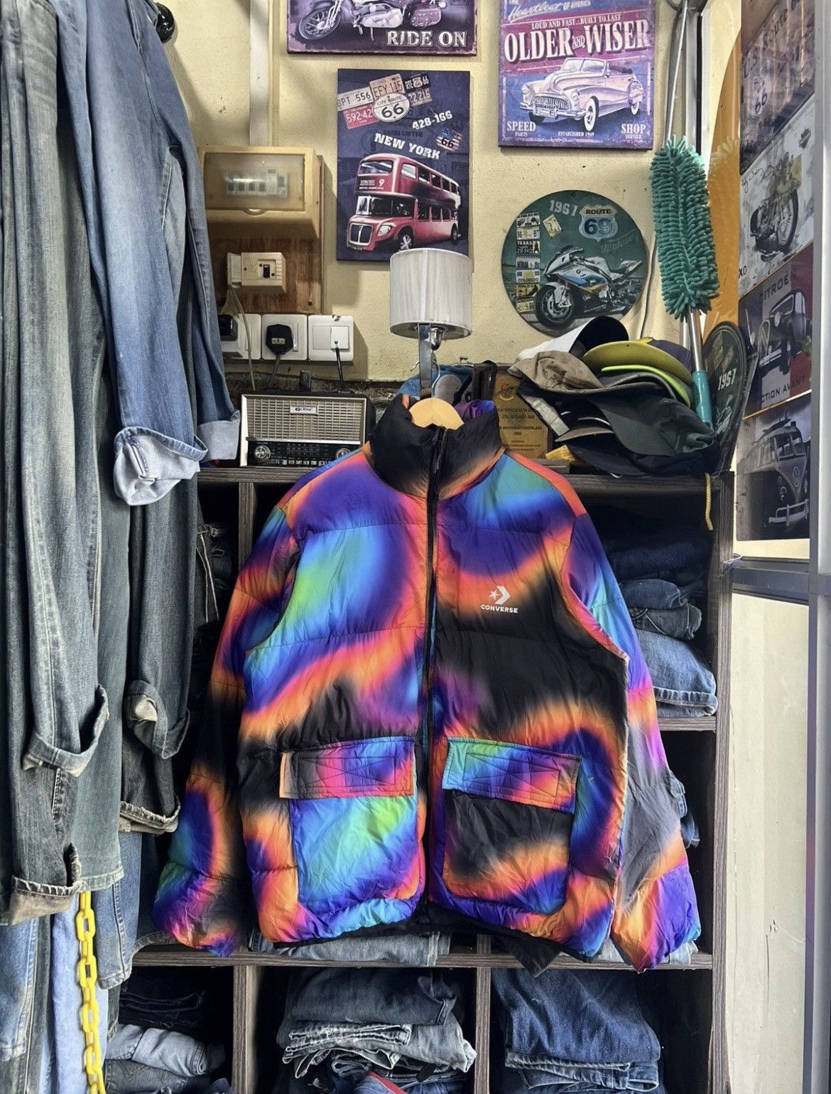 🔥Rare Distressed Converse Multicolor Puffer Jacket