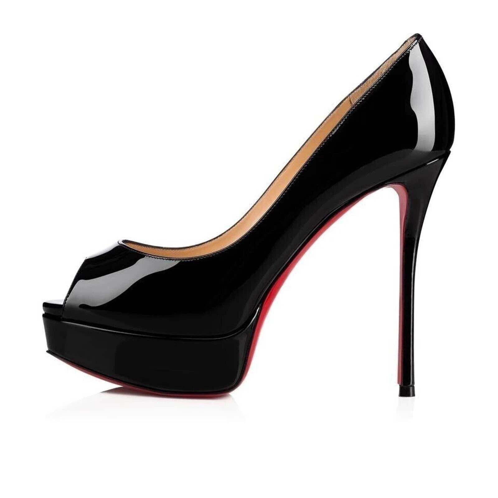 Christian Louboutin Fetish Peep 130 Black Patent Platform Sandal Heel Pump 40 Size US 10 / IT 40 - 3 Thumbnail