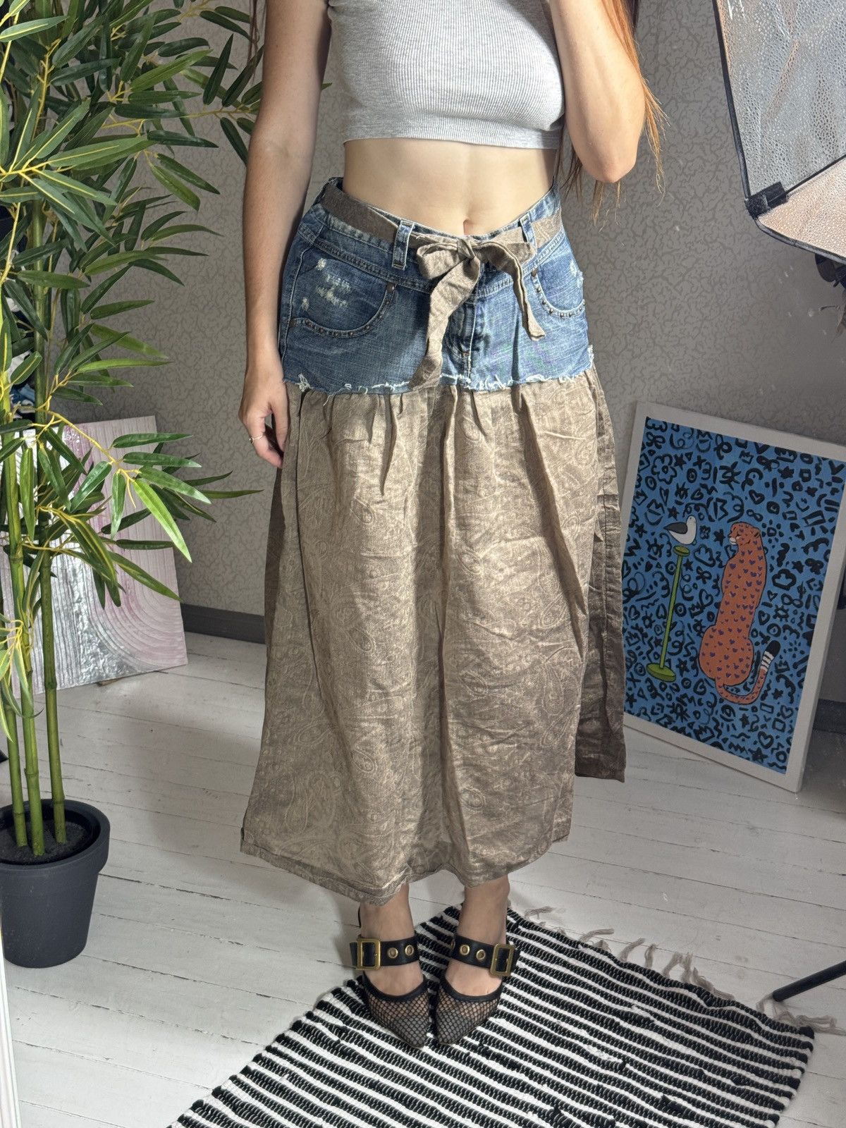 Bershka AVANT GARDE PATCHWORK DENIM & LINEN MAXI SKIRT Size 32" / US 10 / IT 46 - 3 Thumbnail