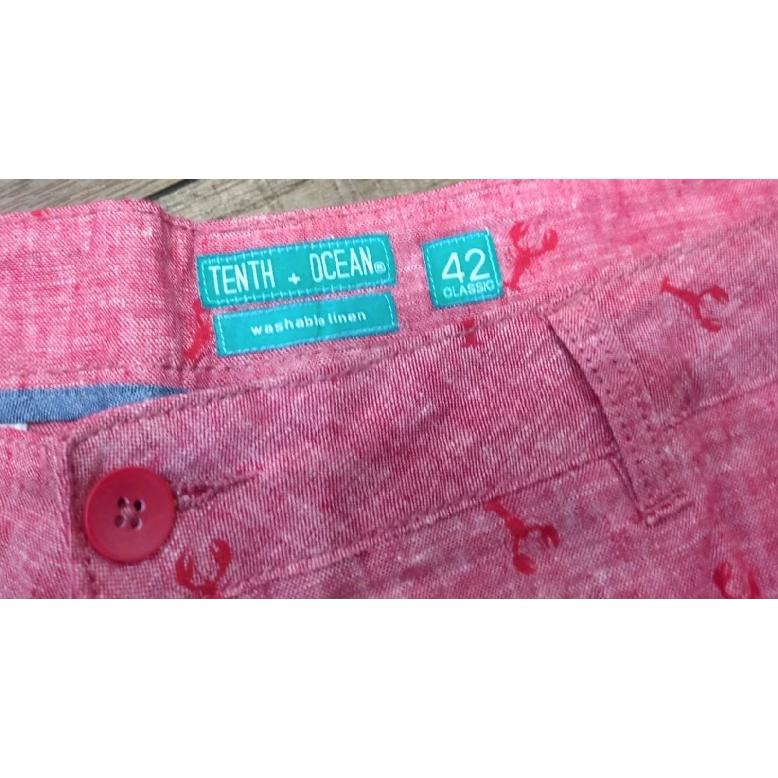 Vintage Tenth and Ocean Men’s Shorts 42 Red Linen Cotton Blend Lobster Print Chino Waist 42 Regular Mens Size US 42 / EU 58 - 2 Thumbnail