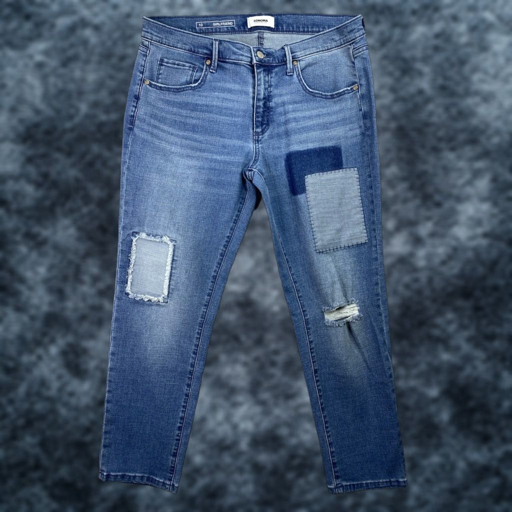 Vintage Sonoma Women's Girlfriend Jeans Size 10 Mid Rise Distressed Stretch Patches Leg Size 32" / US 10 / IT 46 - 1 Thumbnail
