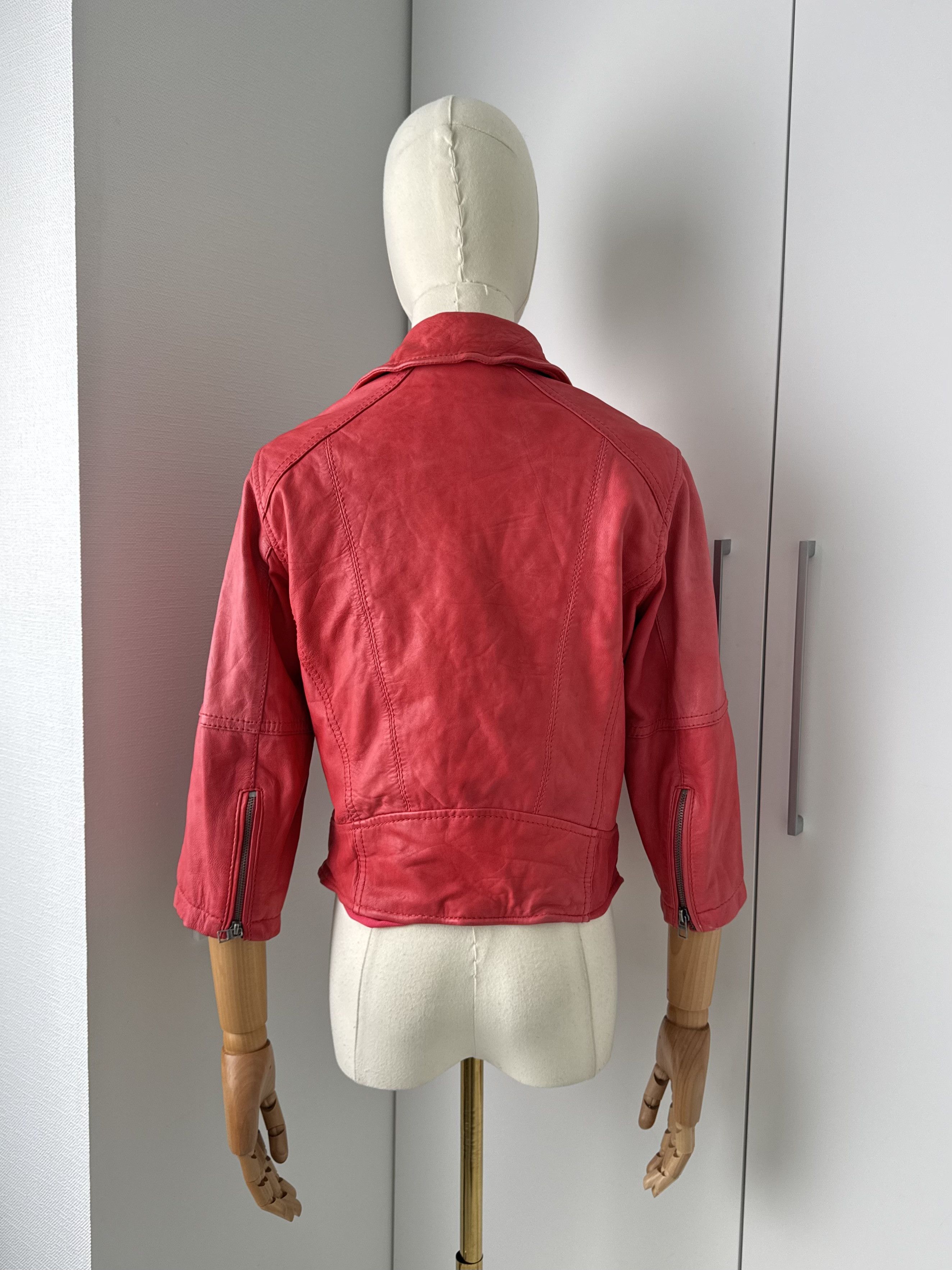 Leather Y2K Red Leather Biker Jacket Cropped Moto Zip Up Slim Fit Size XS / US 0-2 / IT 36-38 - 4 Thumbnail