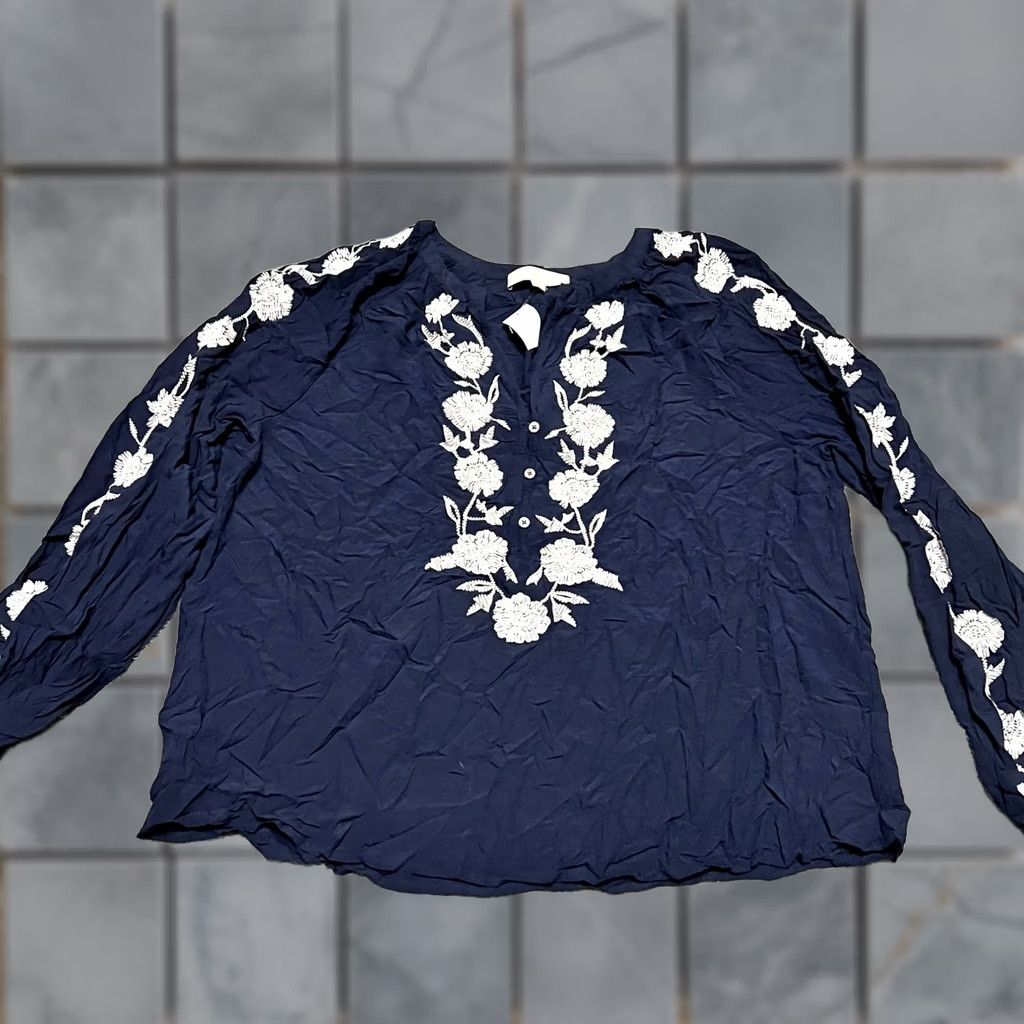 Loft LOFT Shirt Womens XL Blouse Embroidered Long Sleeve Navy Blue India Women XL Blouse Size XL / US 12-14 / IT 48-50 - 1 Thumbnail