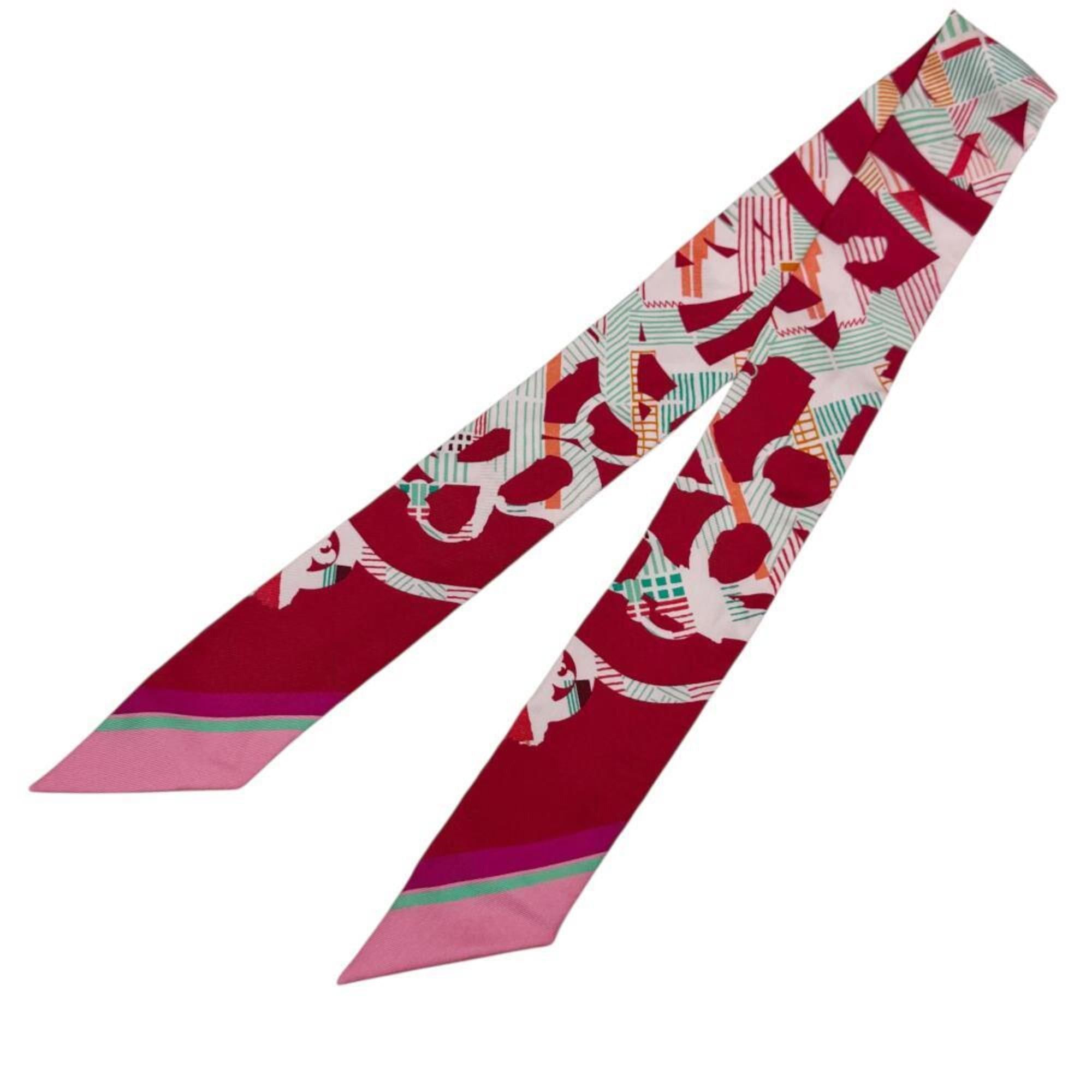 Hermes HERMES Cavalcadour Morning Raspberry Rose Vert Silk Twilly Scarf for Women Size ONE SIZE - 1 Thumbnail