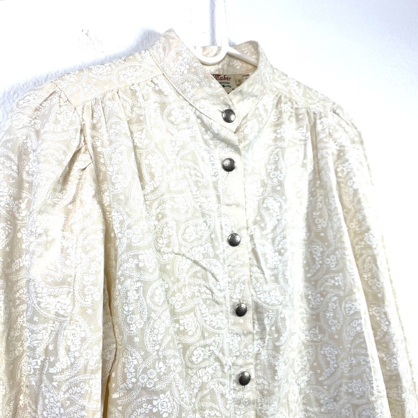 Vintage Wah Maker Vintage Collection Ivory 100% Cotton Western Shirt M Medium Paisley Print Prairie Puff Look 1990s Mens Size M / US 6-8 / IT 42-44 - 2 Thumbnail