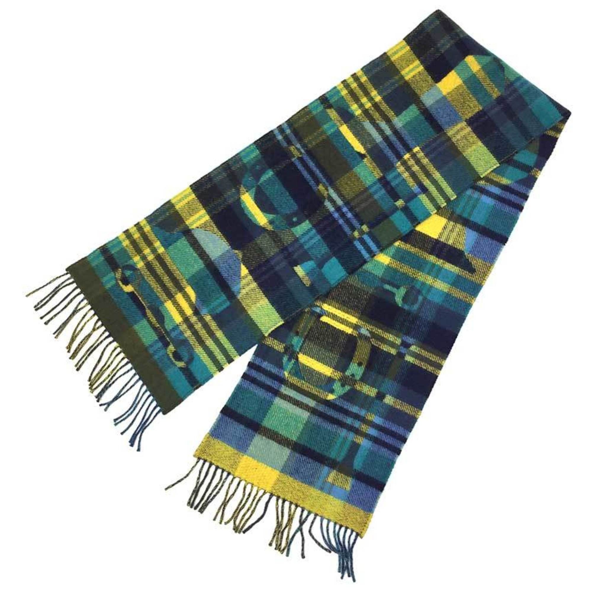 image of Hermes Men's Scarf Tartan Check Echarpe Her-Mes 100% Cashmere Yellow X Blue 2020 Women's Muffler Aq