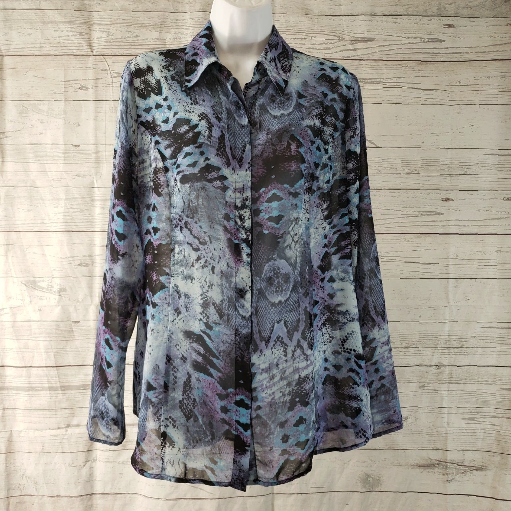 Vintage CAbi 609 Womens Python Print Blouse Sz M Blue Black Semi Sheer Button Front Shirts Womens Size M / US 6-8 / IT 42-44 - 2 Thumbnail