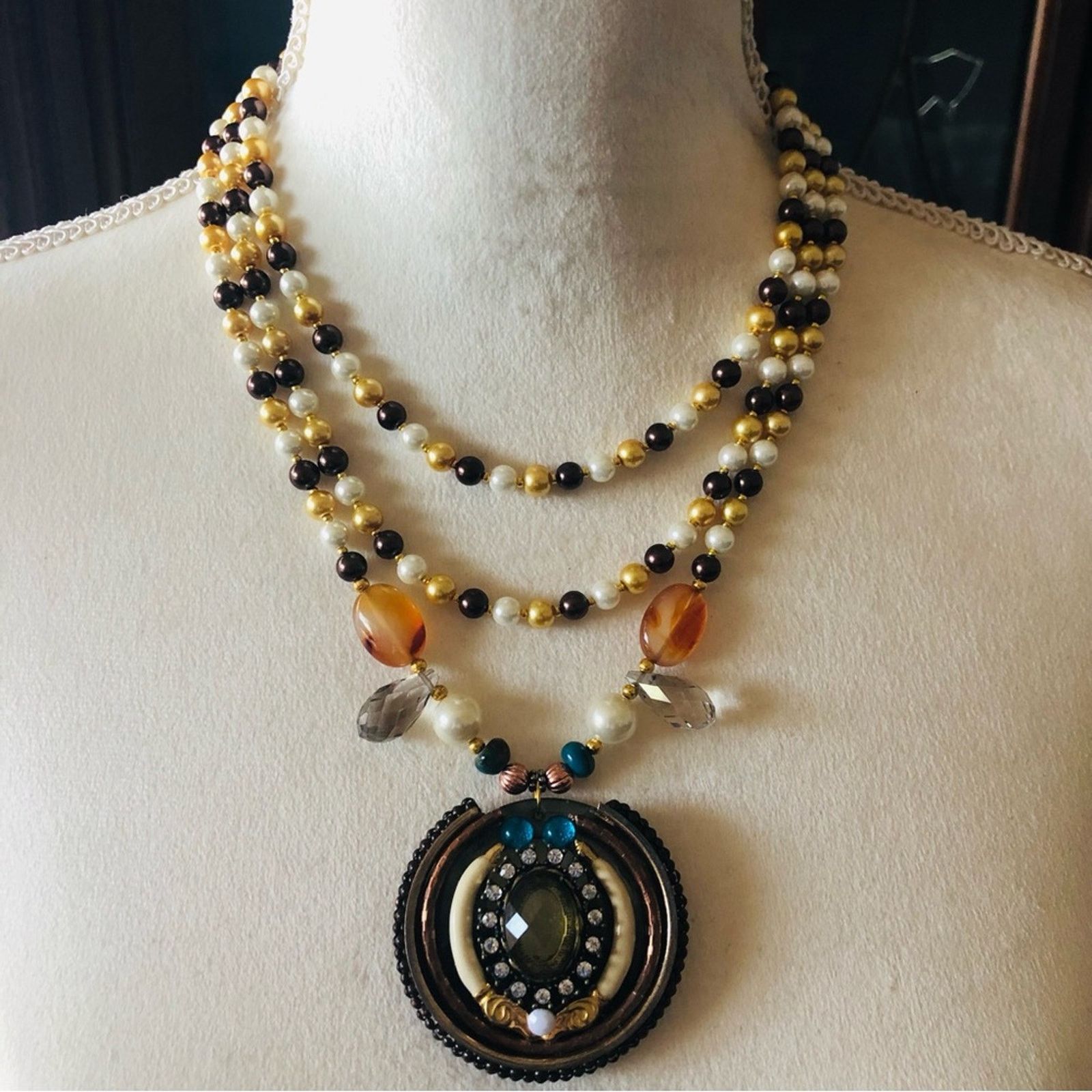 Handmade Handcrafted repurpose large amulet pendant Pearl necklace Size ONE SIZE - 2 Thumbnail