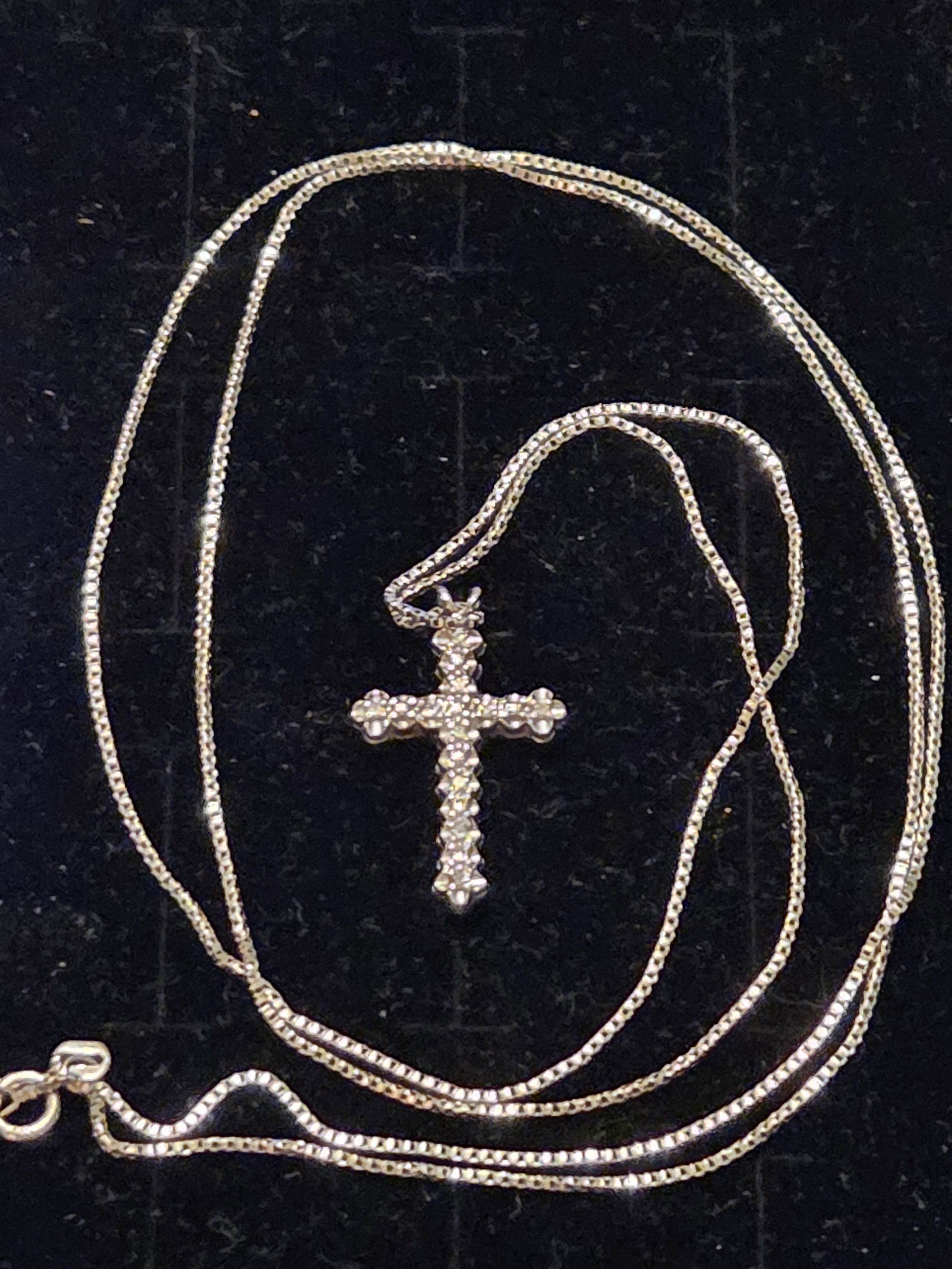 Midas 14k White Gold 30” Box Link Necklace Diamond Cross