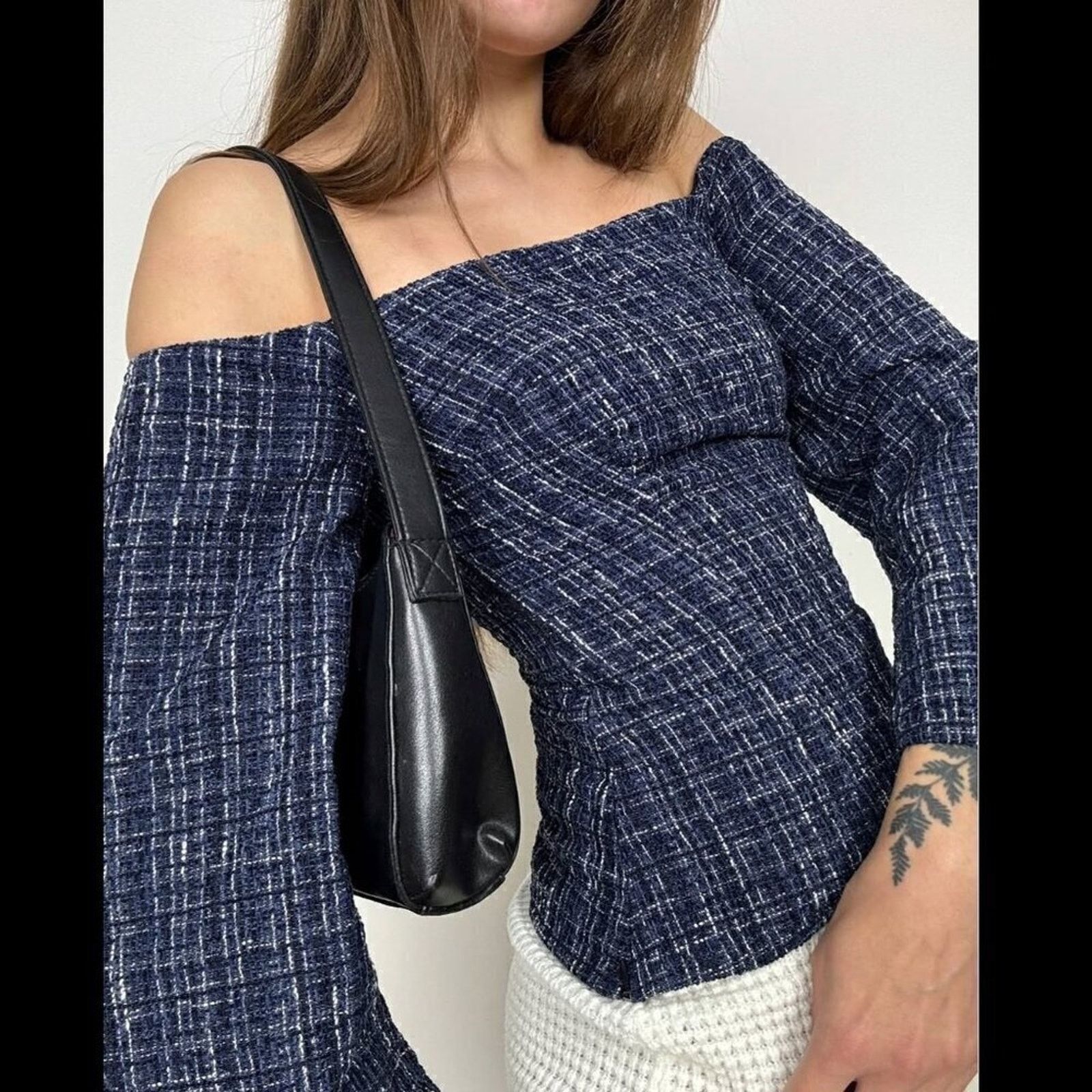 Zara Zara Navy Tweed Off Shoulder Top NWT M Size M / US 6-8 / IT 42-44 - 16 Thumbnail