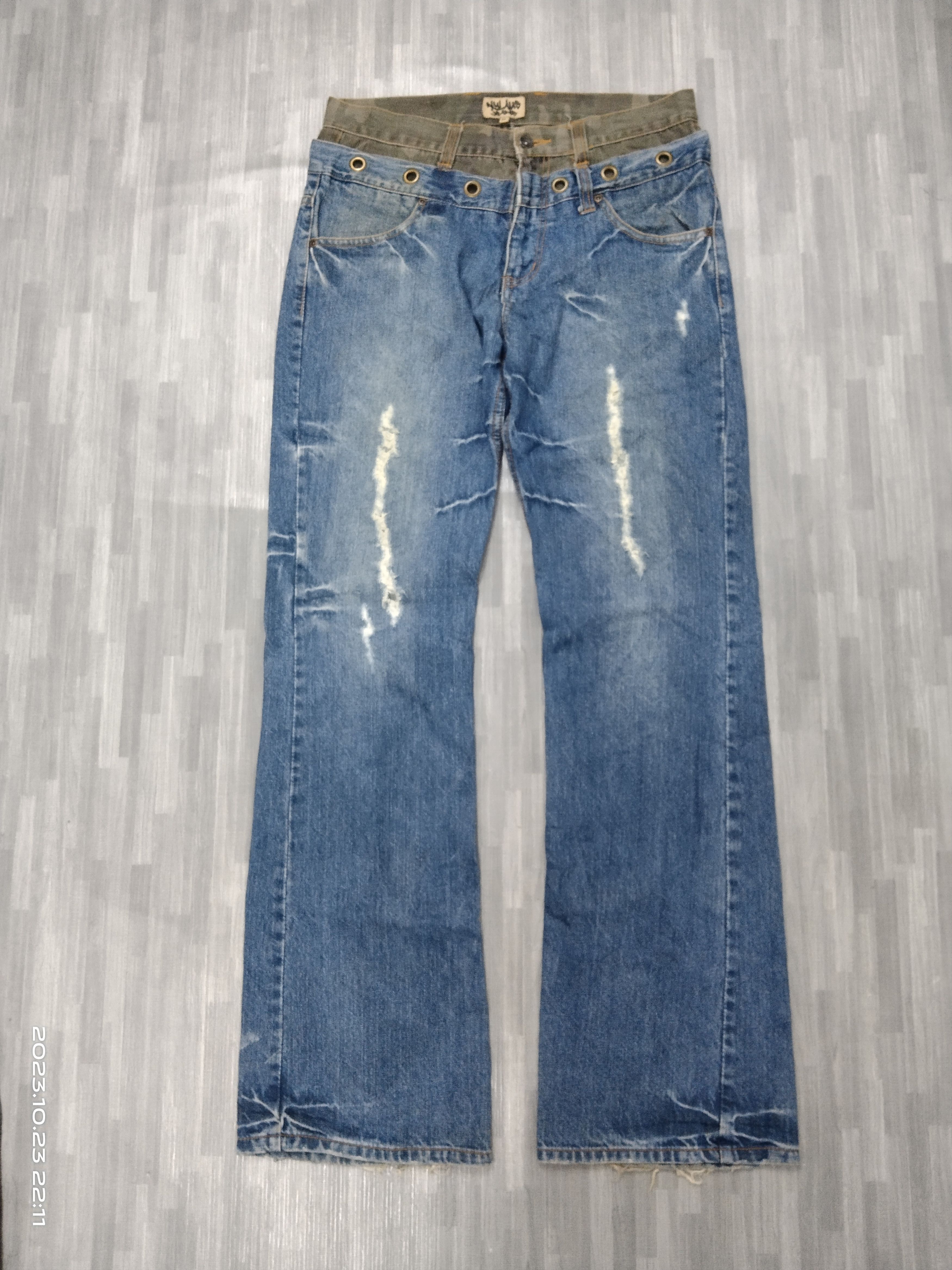 Japanese Brand FLARE SICK RIPED DOUBLE WAIST NYLAUS JEANS Size US 32 / EU 48 - 2 Thumbnail