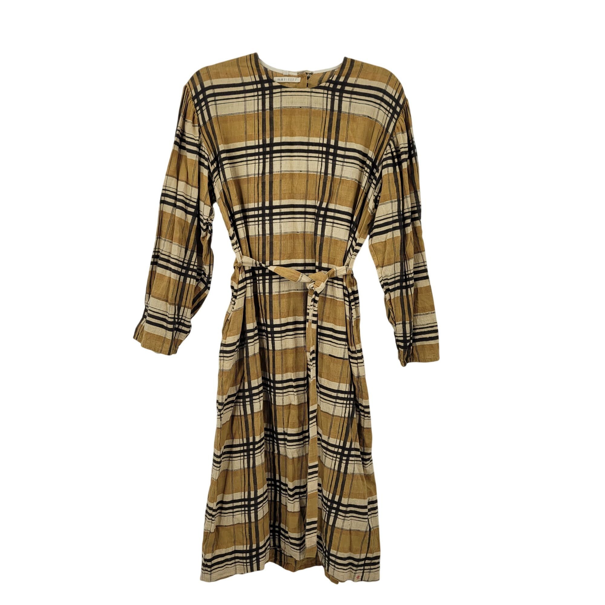 Designer Eleven Eleven Checkered Plaid Mustard Belted Midi Dress Sz M Size M / US 6-8 / IT 42-44 - 5 Thumbnail