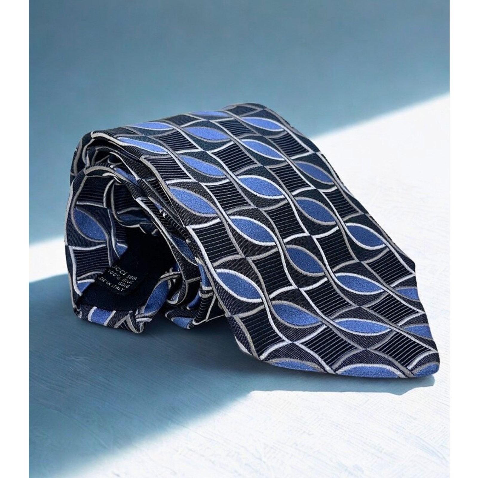 Gucci Gucci Geometric Silk Tie Blue Black Gray 100% Silk Italy Size ONE SIZE - 2 Thumbnail