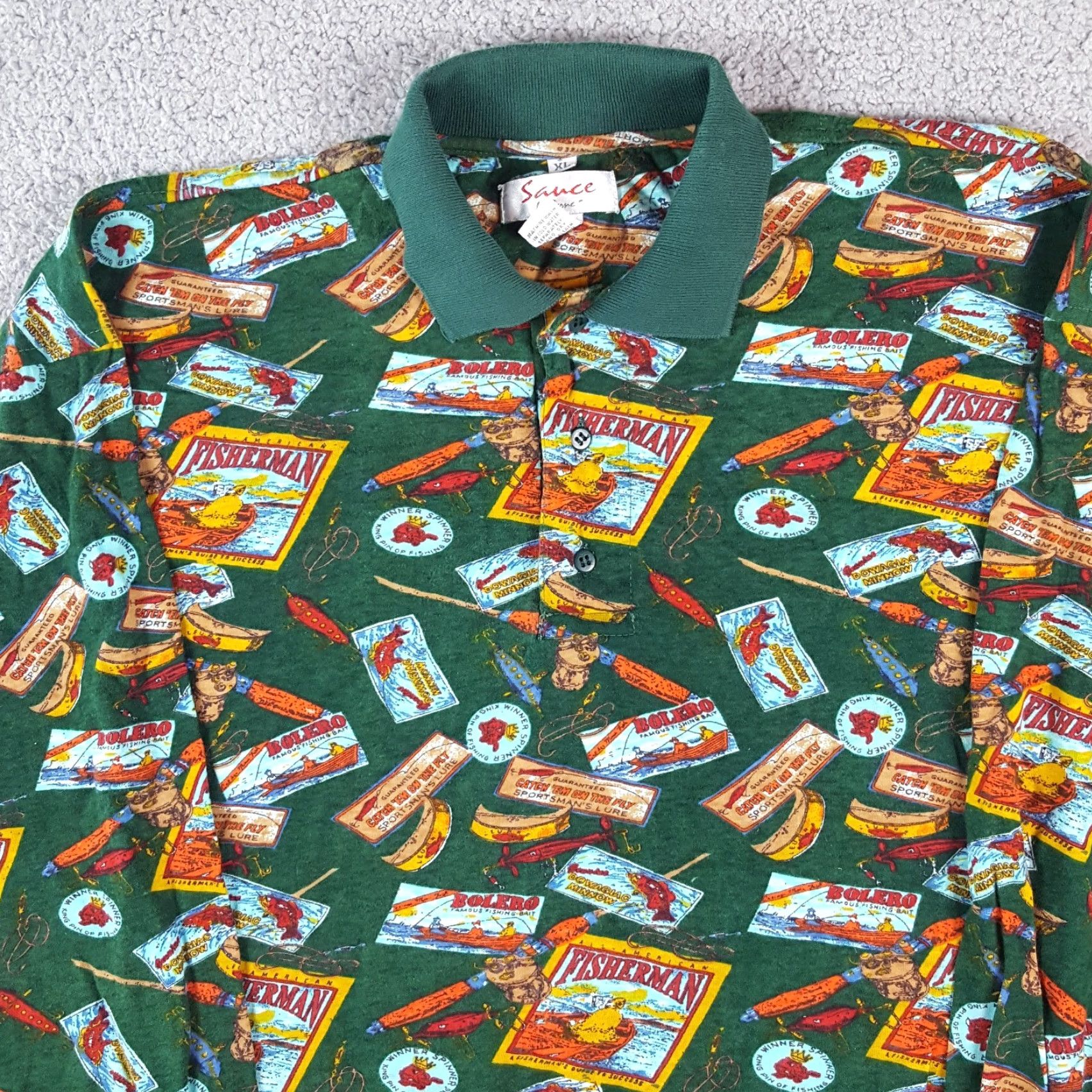 Vintage VINTAGE Sauce Polo Shirt Shirt XL Green Fisherman All Over Print Button Collar Polo Shirt 90s Outdoor Fashion Size US XL / EU 56 / 4 - 2 Thumbnail