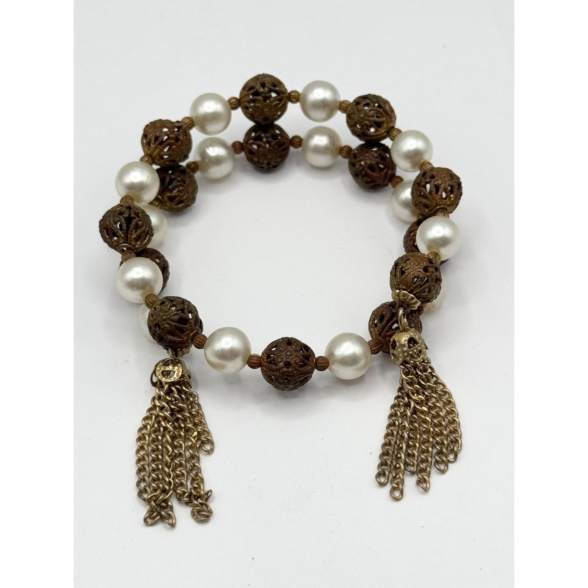 Vintage Vintage filigree ball faux pearl wire wrap chain tassel brac Size ONE SIZE - 2 Thumbnail