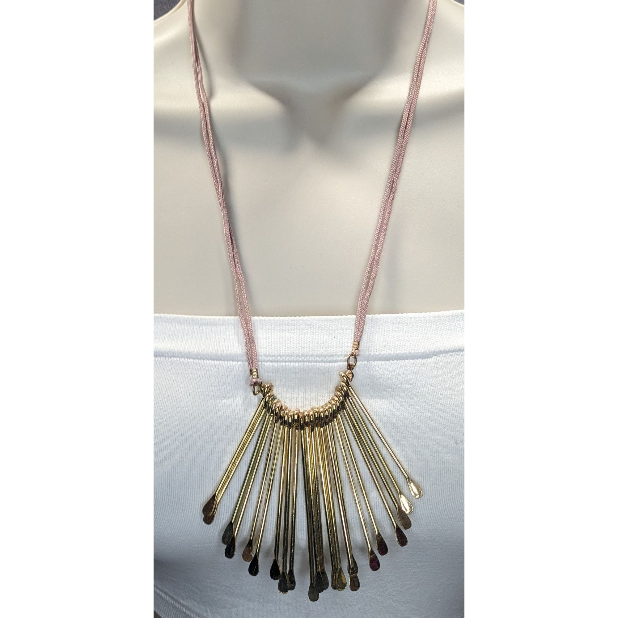 Other Vintage Bohemian Gold-Tone Spiked Necklace With Pink Cord & Size ONE SIZE - 4 Thumbnail